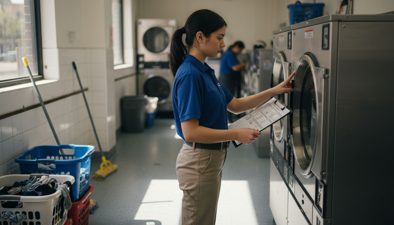 Technician uses touchscreen industrial laundry machine