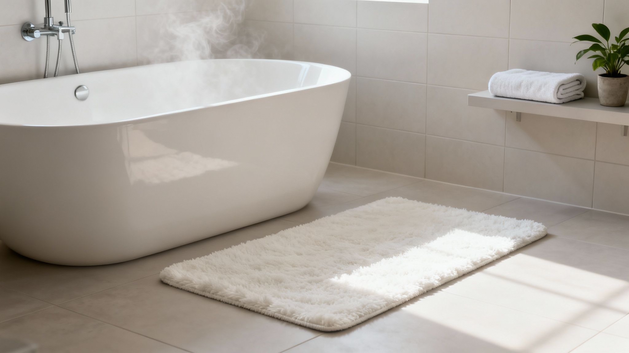 A steamy white freestanding bathtub and a fluffy bath mat in a modern, bright bathroom interior.