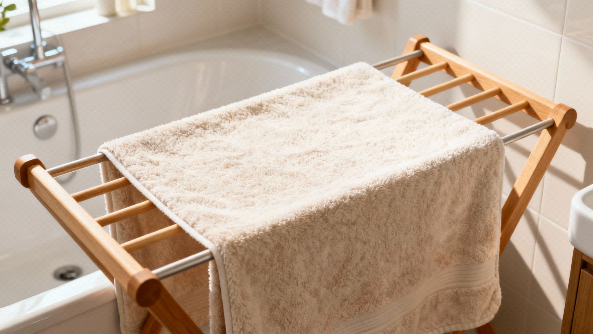 A light brown fluffy towel is drying on a wooden rack in a sunny bathroom.