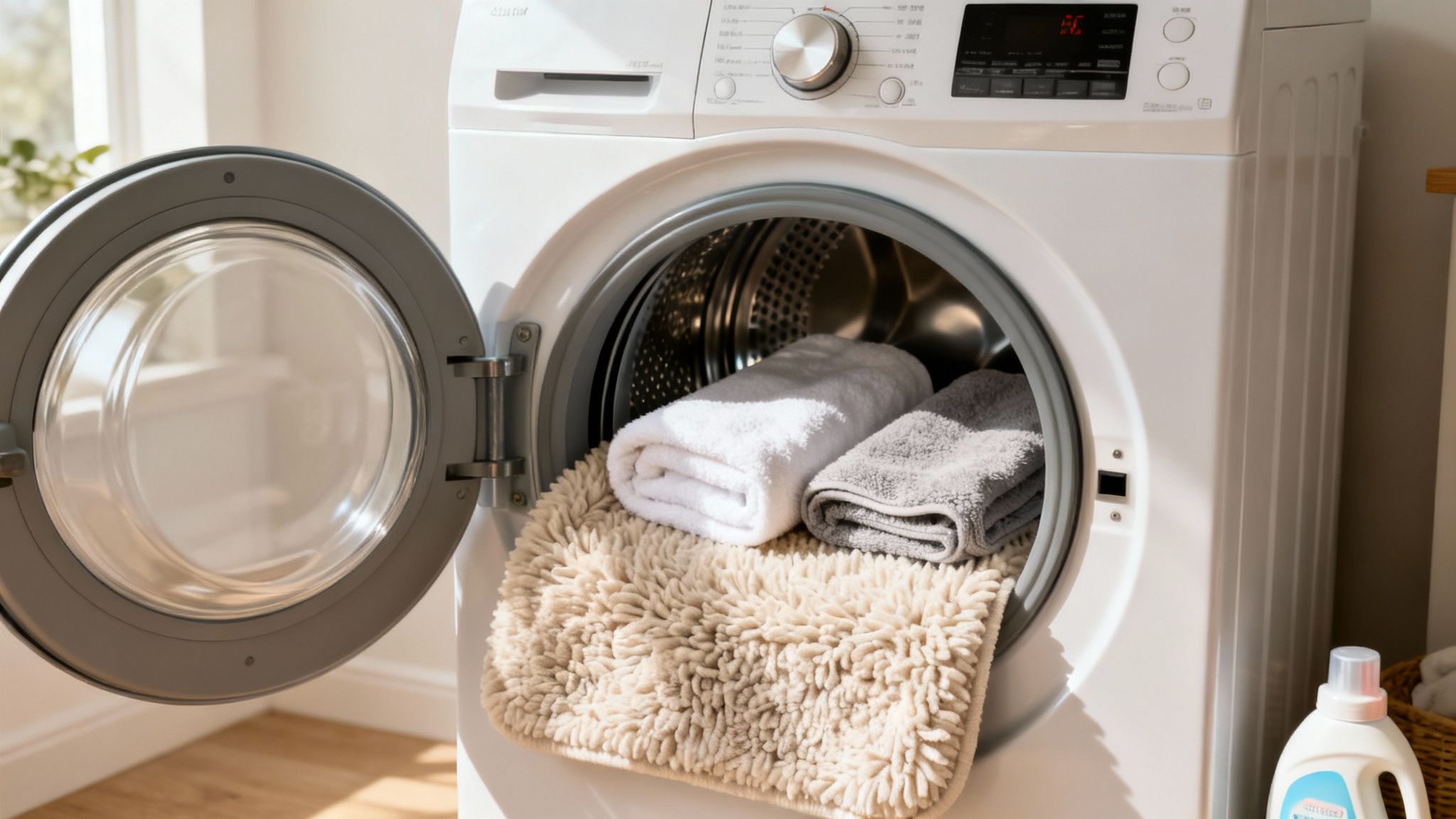 An open front-load washing machine with a beige bath mat, white towel, and grey towel inside.