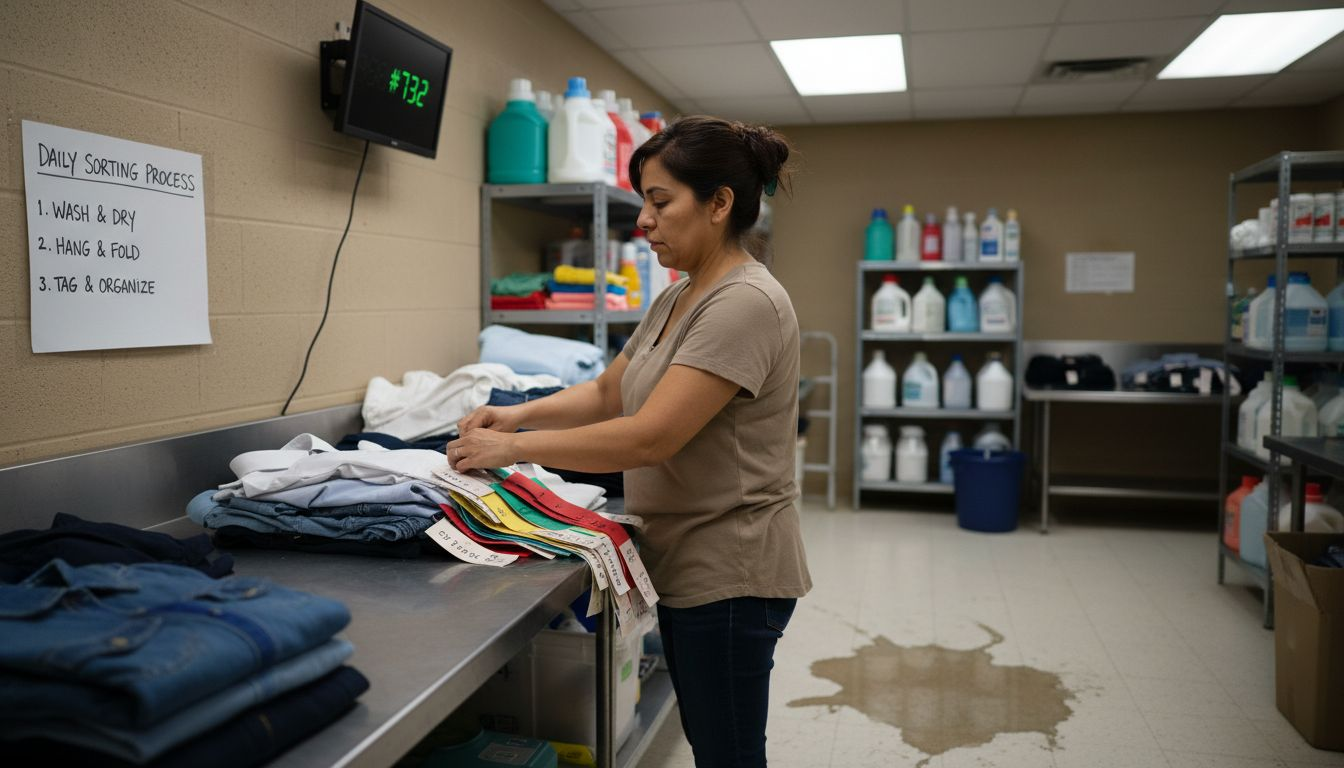Worker tagging garments for custom laundry workflow
