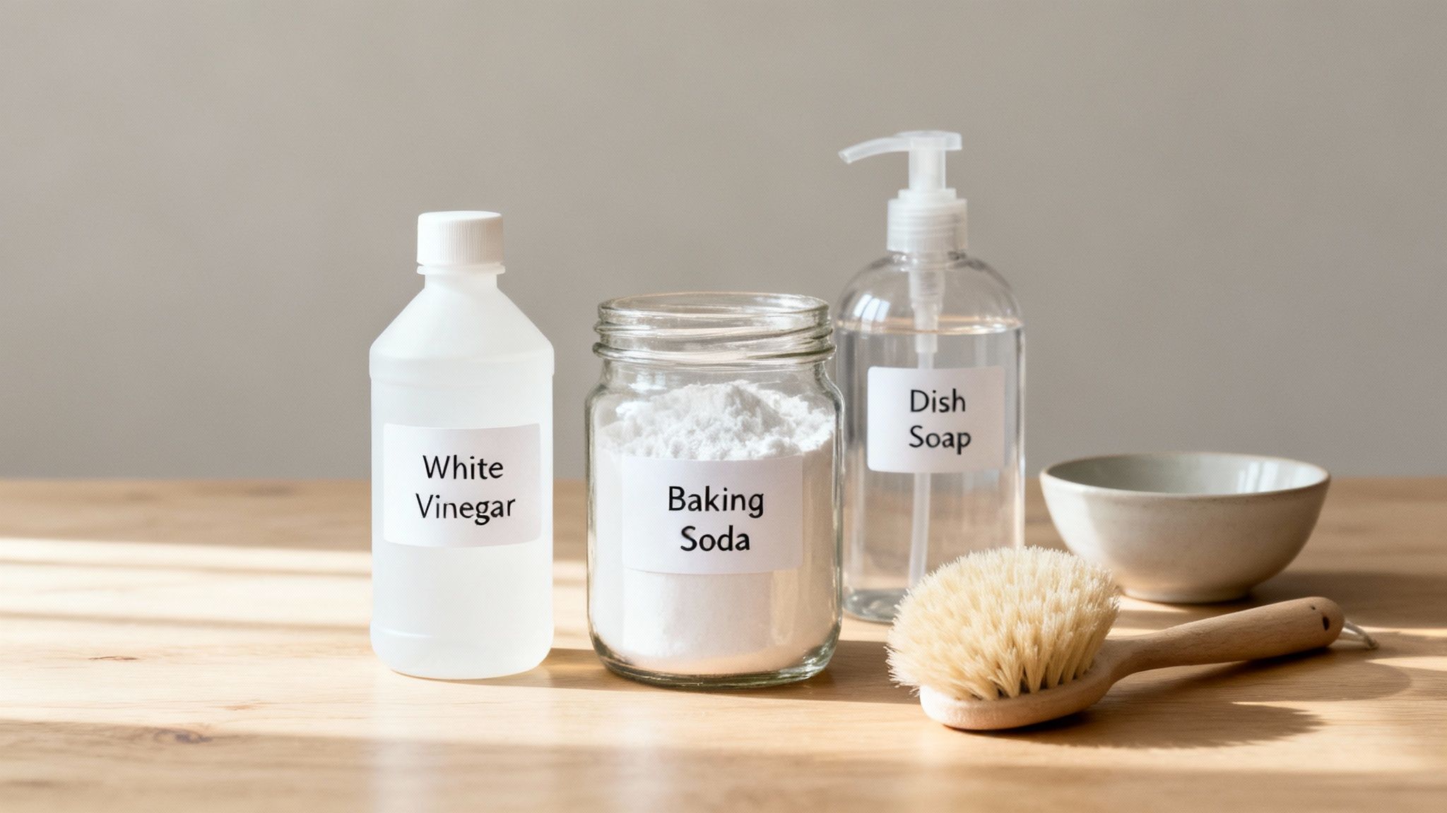 Natural cleaning ingredients: white vinegar, baking soda, dish soap, brush, and bowl on a wooden table.