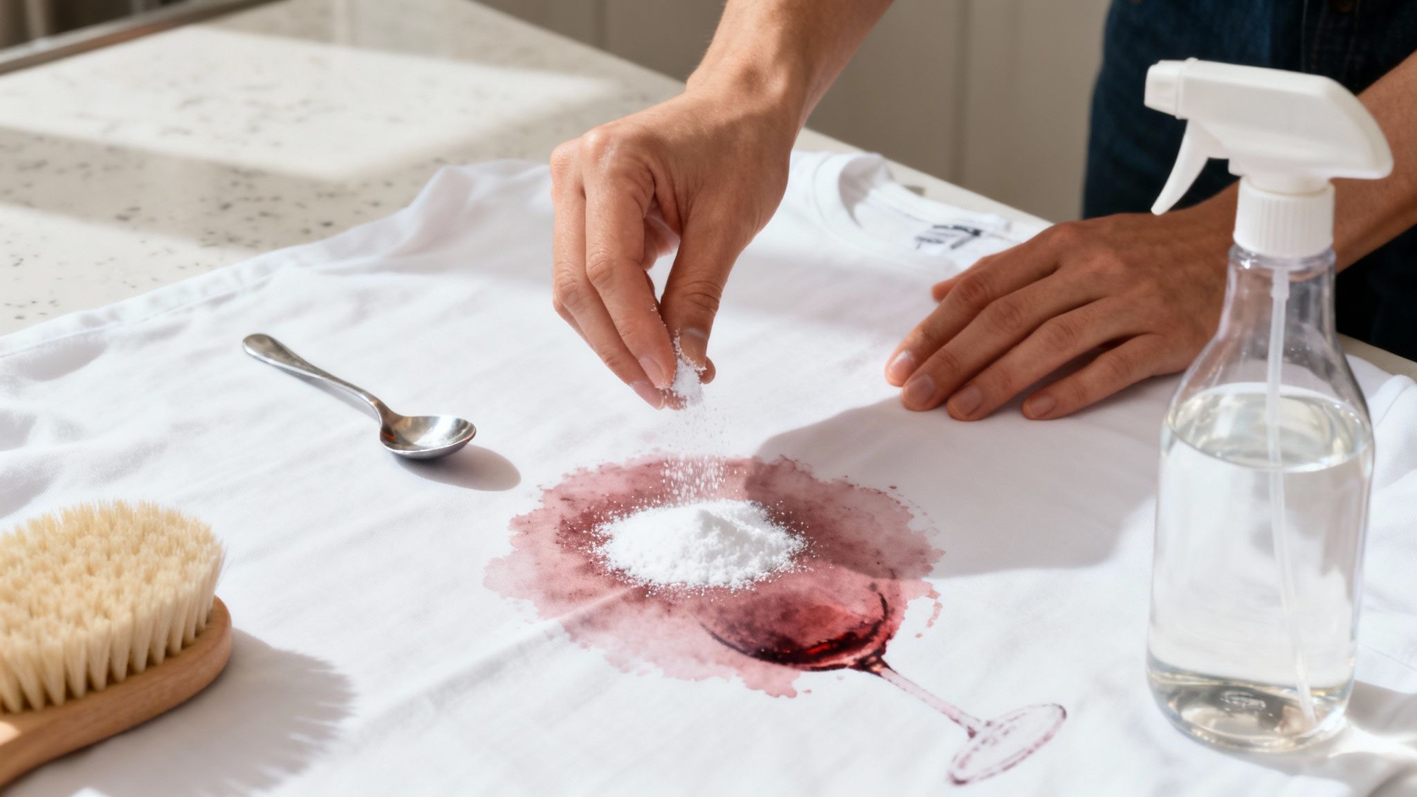 A person's hands applying white powder to a red wine stain on a white shirt with cleaning tools nearby.