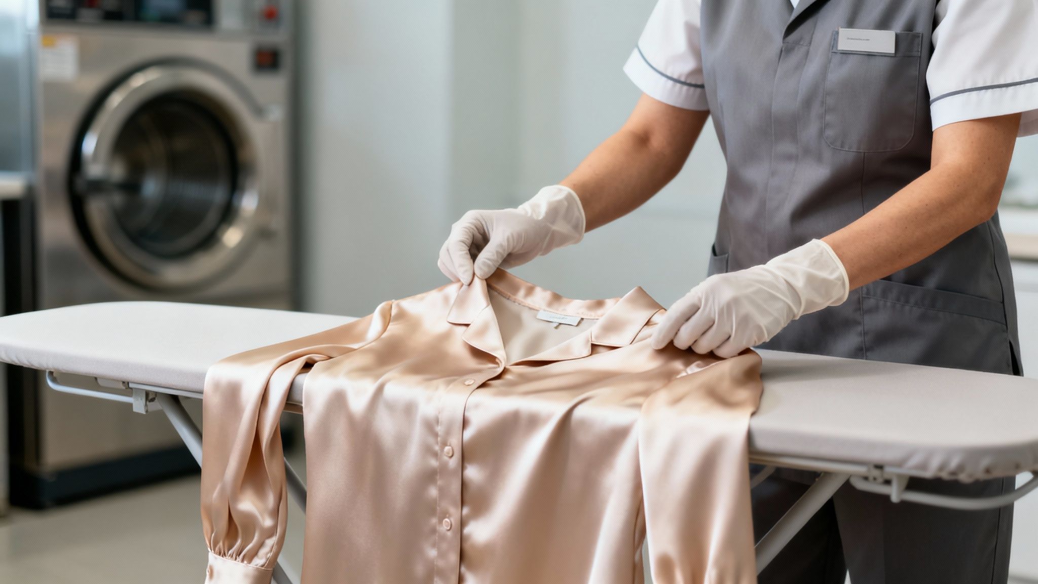 A person in white gloves and a uniform folds a silky blouse on an ironing board in a laundry room.