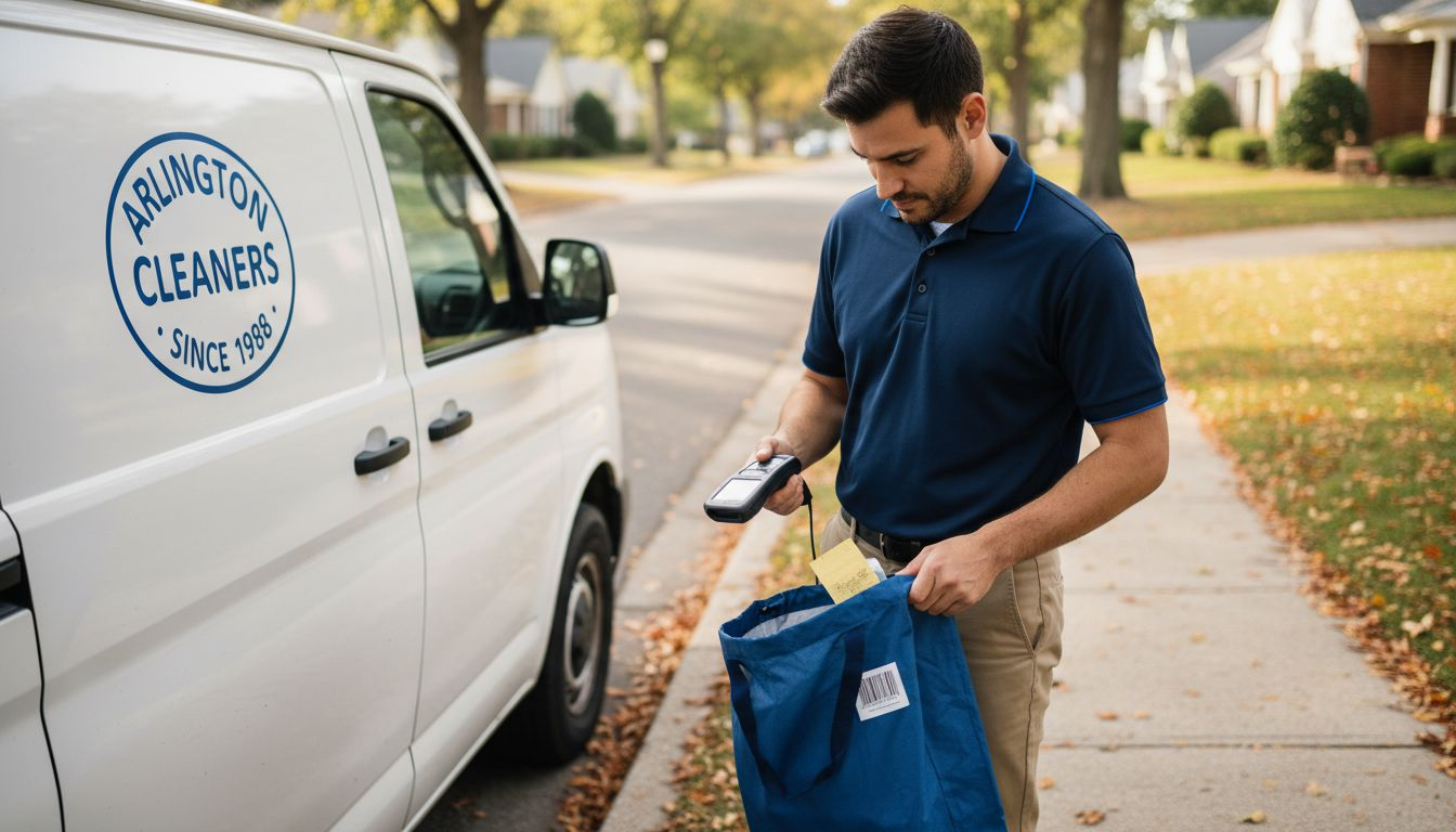 Driver scans laundry bag beside van