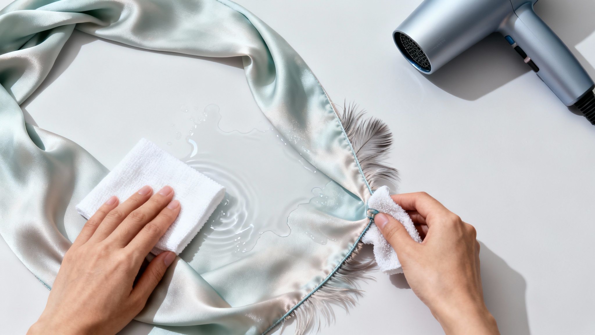 Hands gently clean water stains from a delicate light blue silk fabric, with a hairdryer nearby.