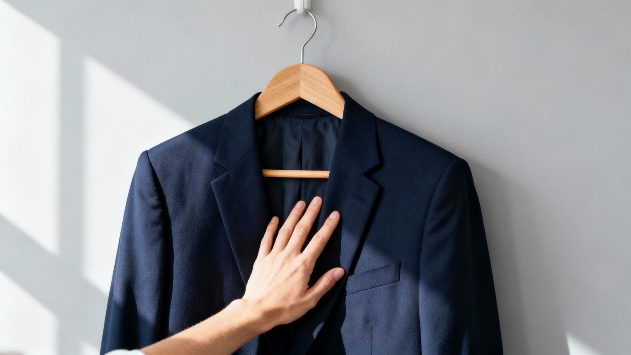 A person's hand touches a navy blue blazer hanging on a wooden hanger against a gray wall with sunlight.