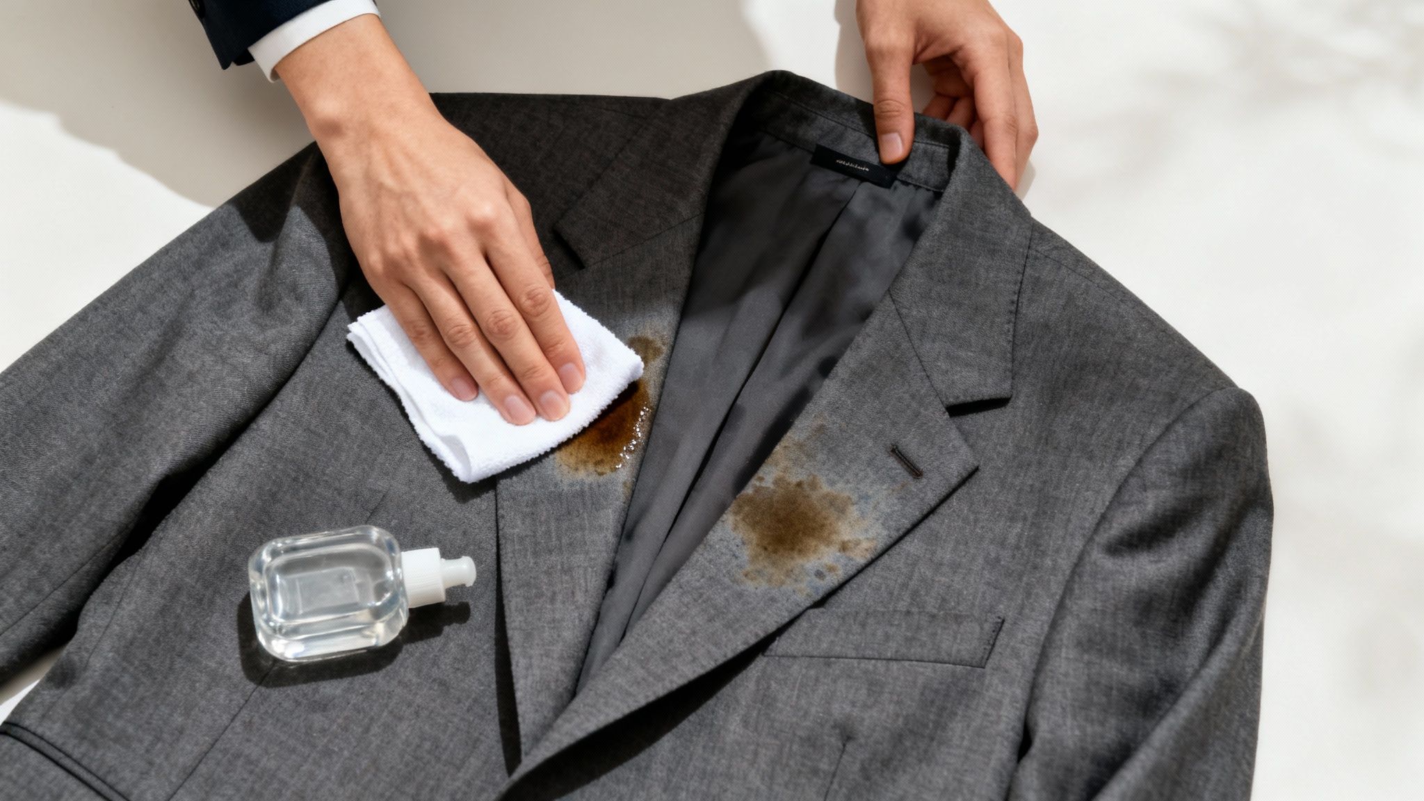 Hands cleaning a dark liquid spill on a gray blazer with a white cloth and a cleaning solution.