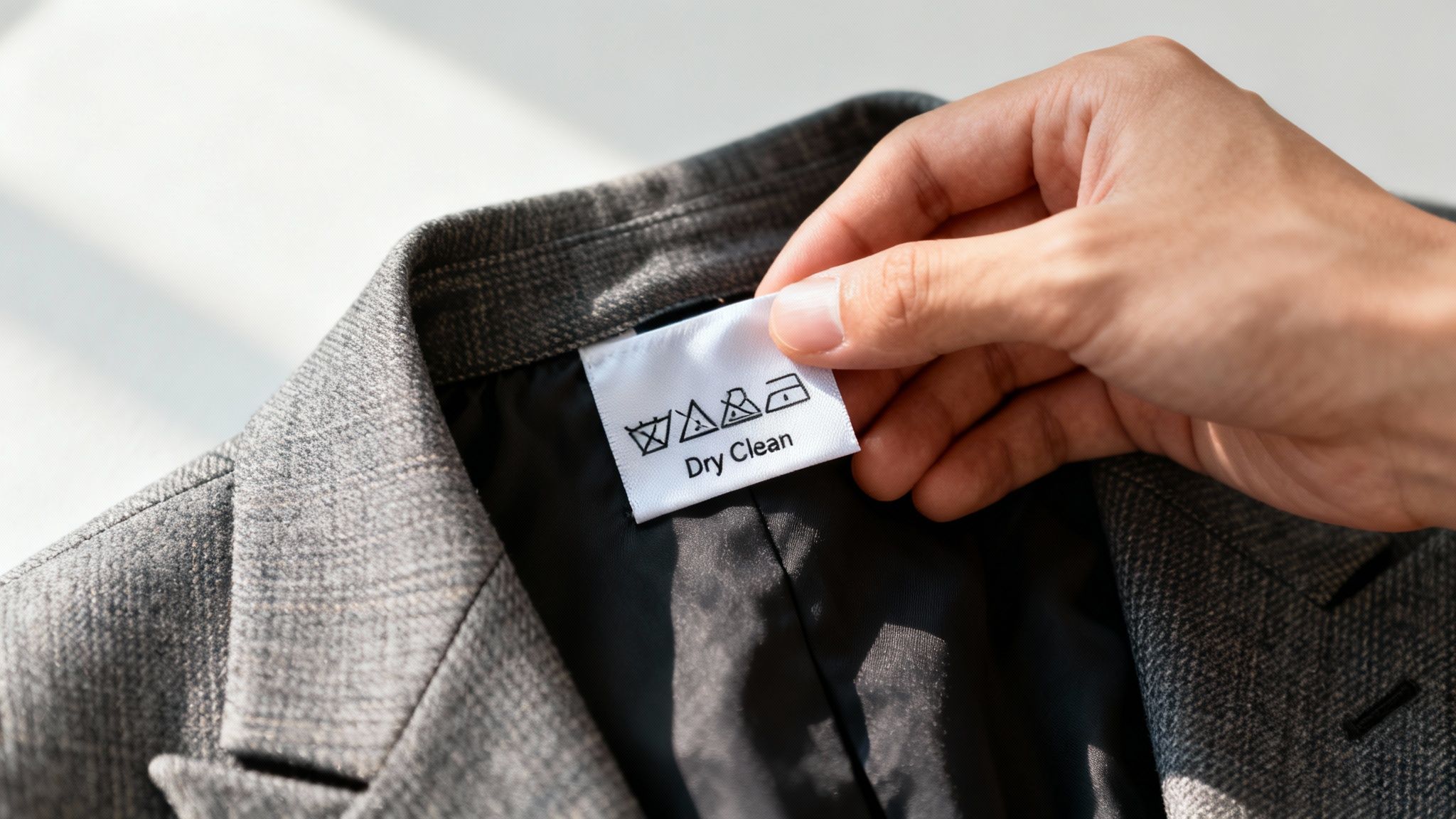 A hand holds a white care label with a "Dry Clean" instruction inside a grey blazer.