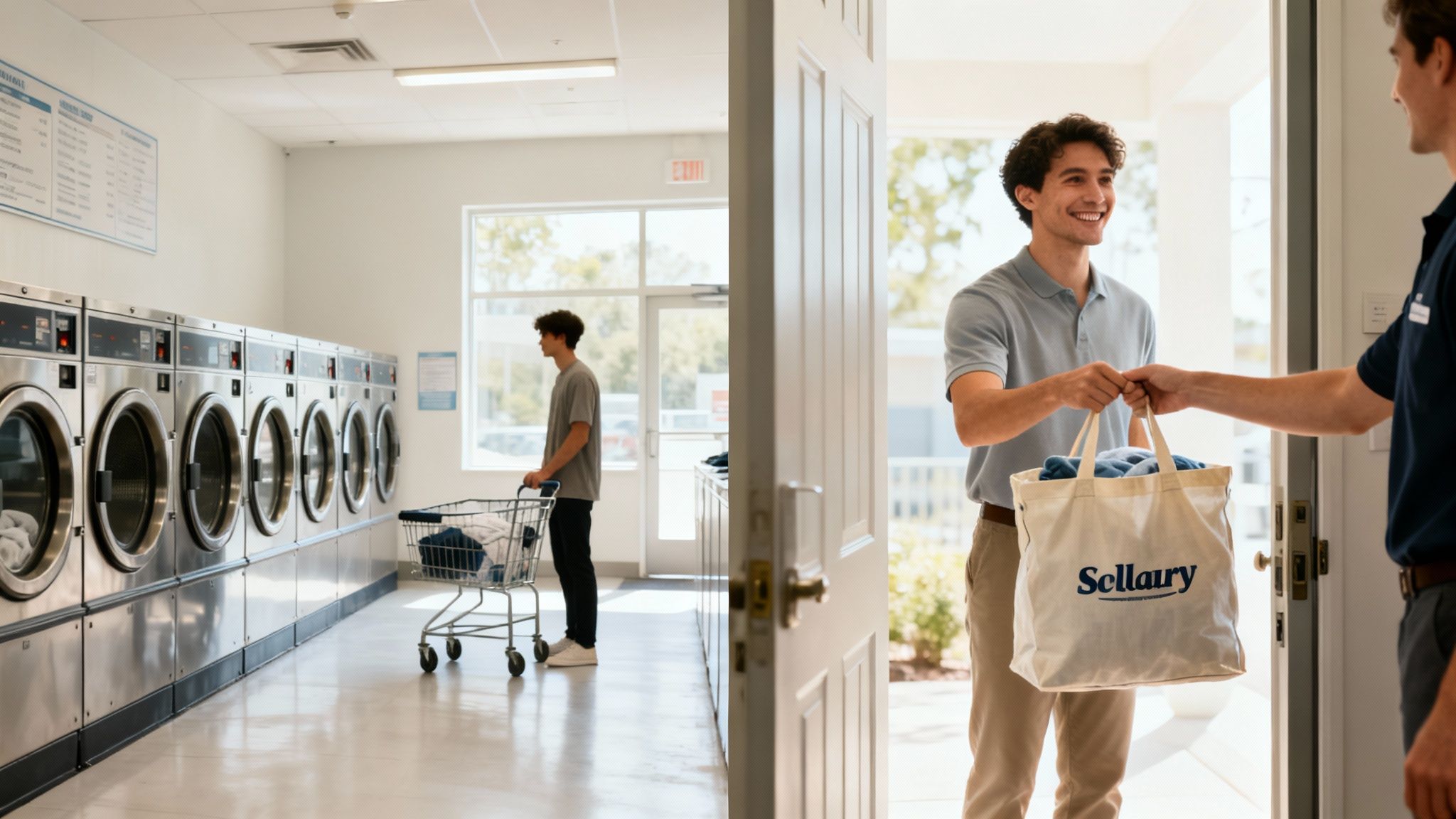 Man at laundromat and receiving a Sellloury laundry delivery service at his doorstep.