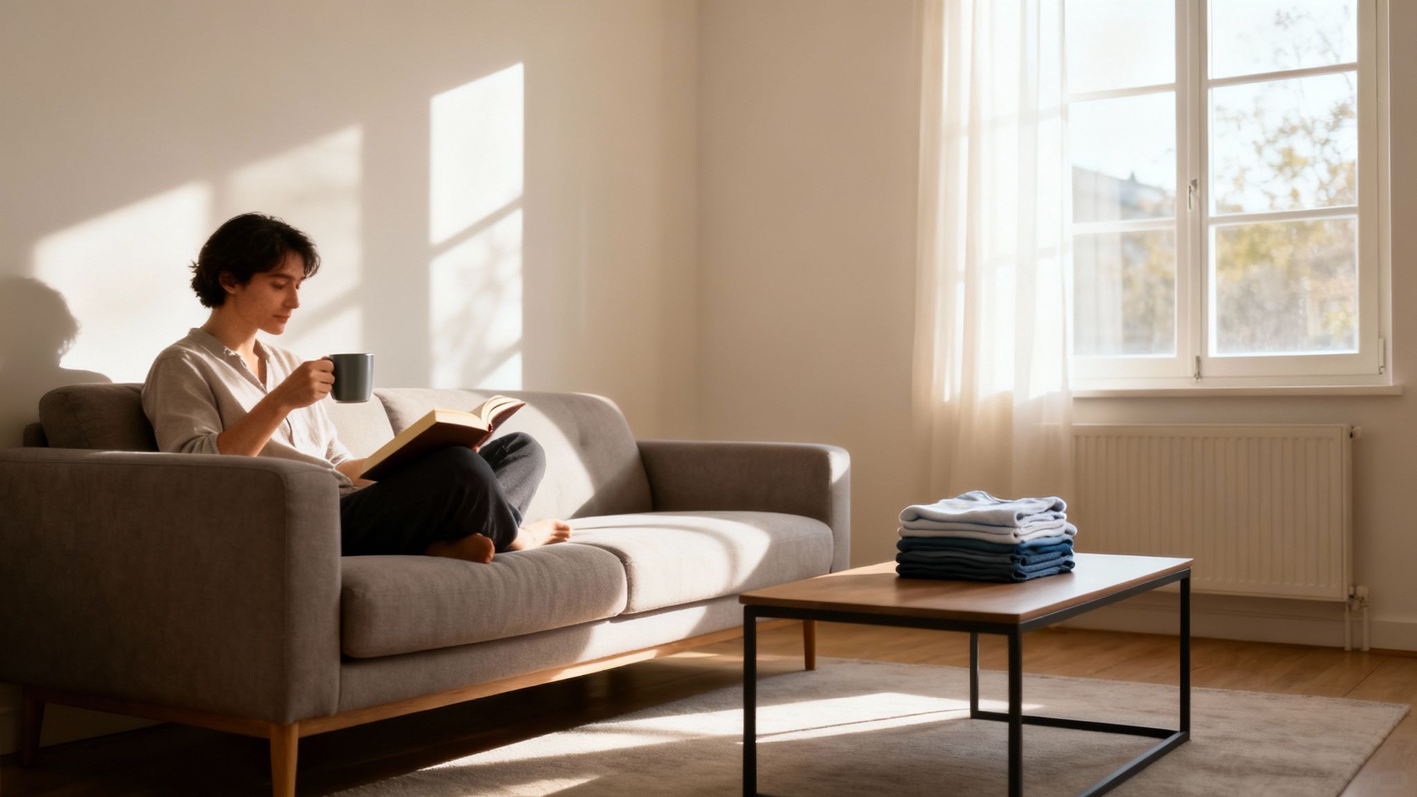 A person relaxing on a sofa, reading a book, with neatly folded laundry on a coffee table.
