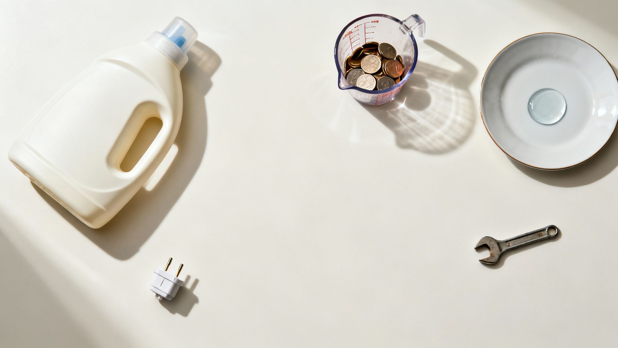 Household items including laundry detergent, coins, a water droplet, a plug, and a wrench on a white background.