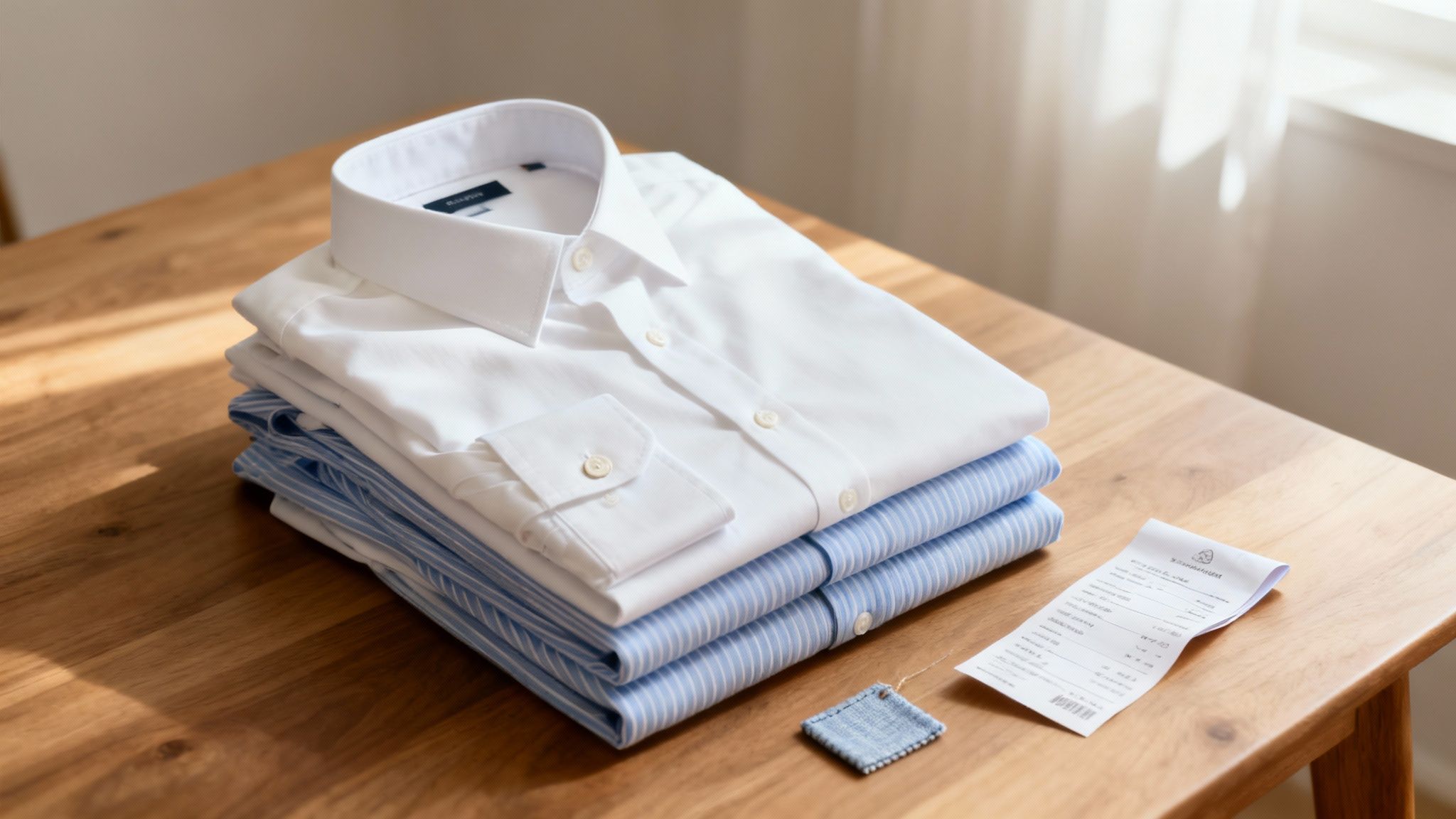A stack of freshly laundered white and blue striped button-up shirts on a wooden table.