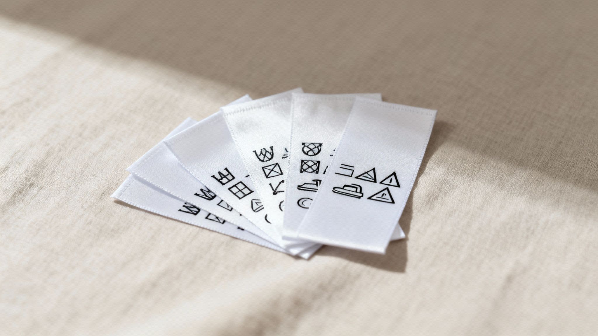 Close-up of white fabric laundry care labels with various washing symbols on a beige textile.