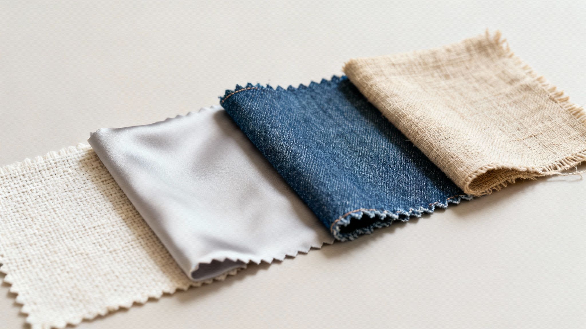 Four fabric swatches: textured linen, smooth grey satin, and blue denim samples.