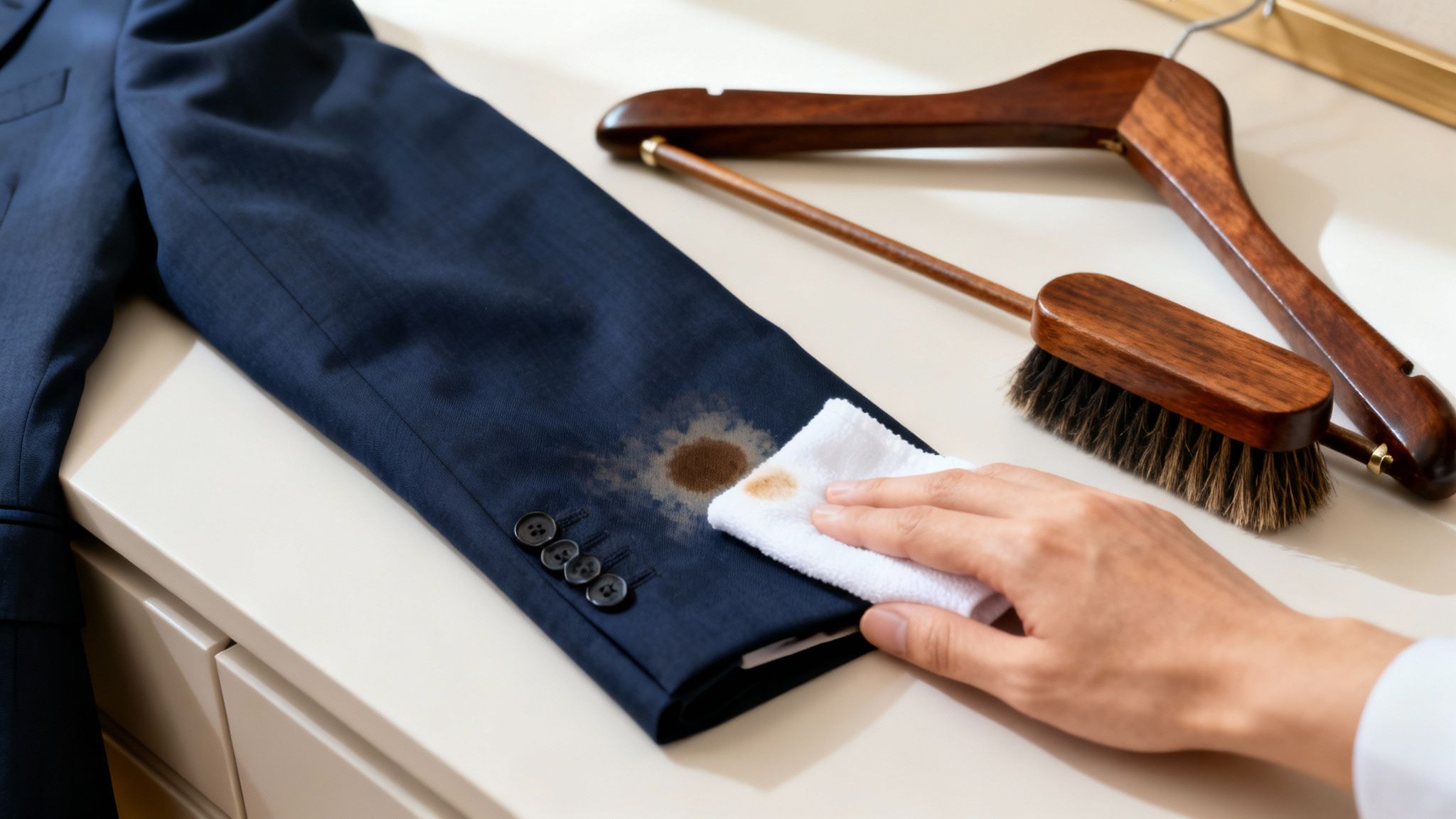 A hand wiping a brown stain off a navy blue suit sleeve with a white cloth, with a brush and hanger nearby.