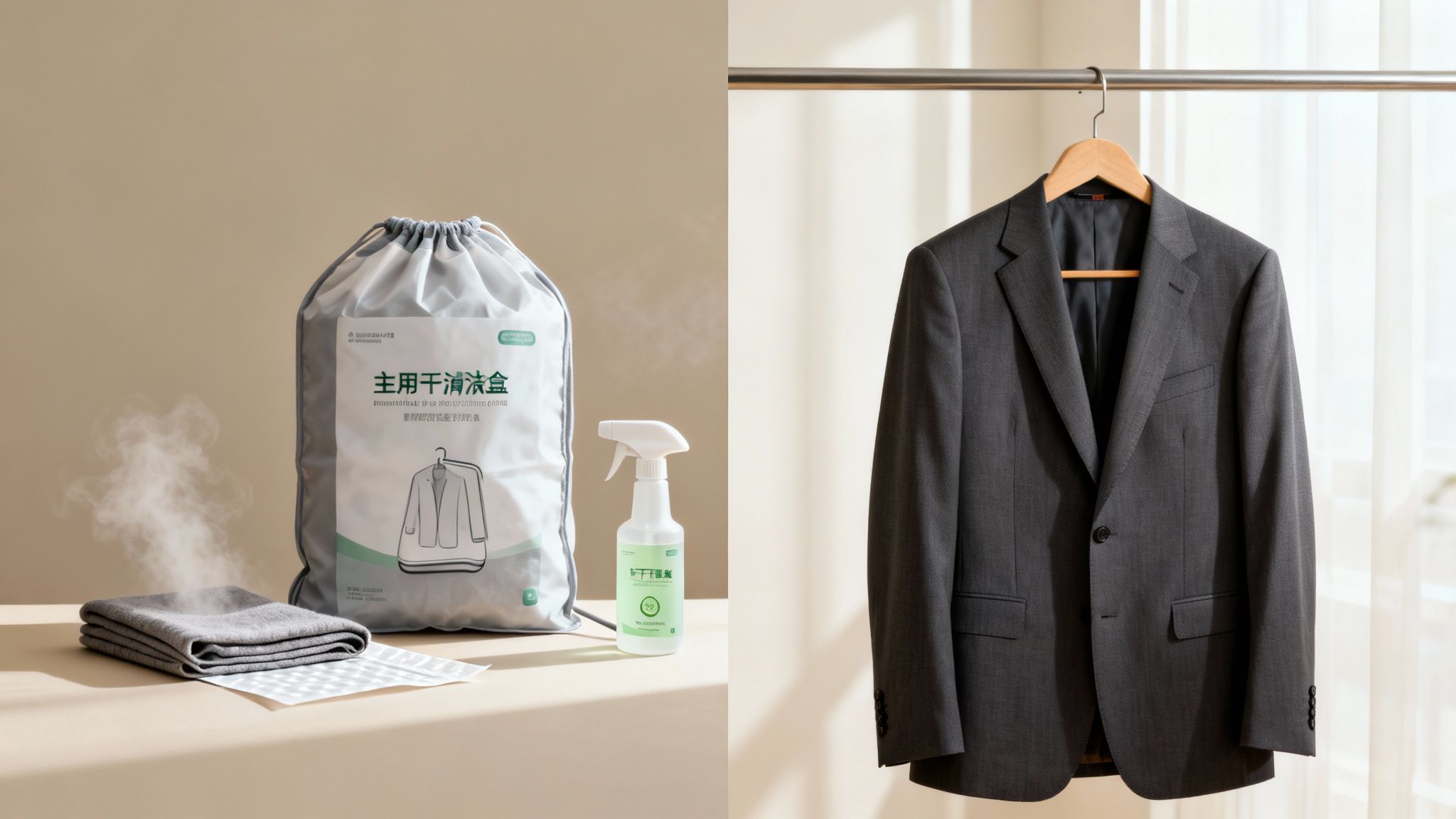 A home dry cleaning kit with a garment bag, spray bottle, and steaming fabric next to a grey suit jacket.