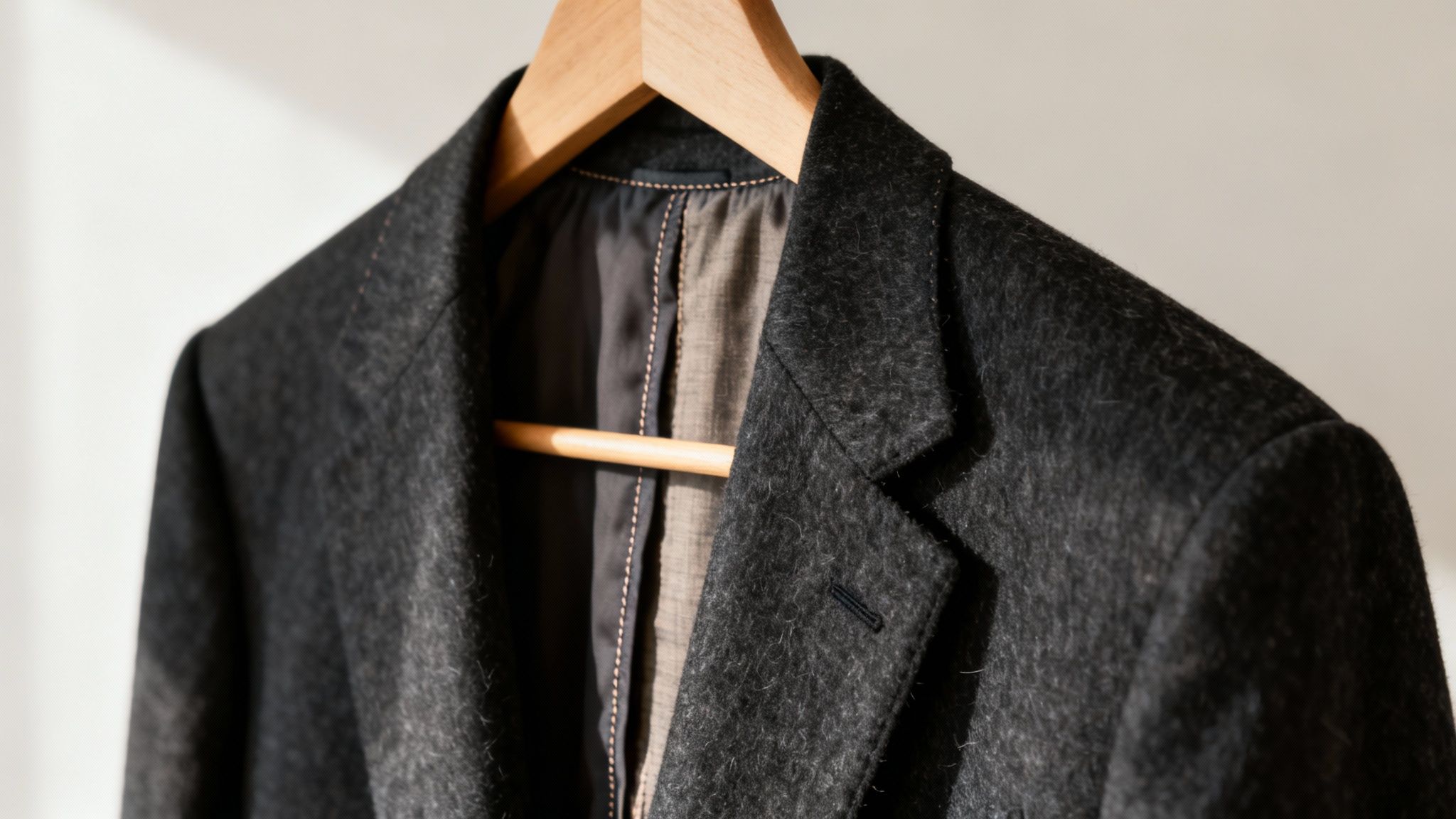 Close-up of a dark grey woolen blazer hanging on a wooden hanger, showing lapel details.