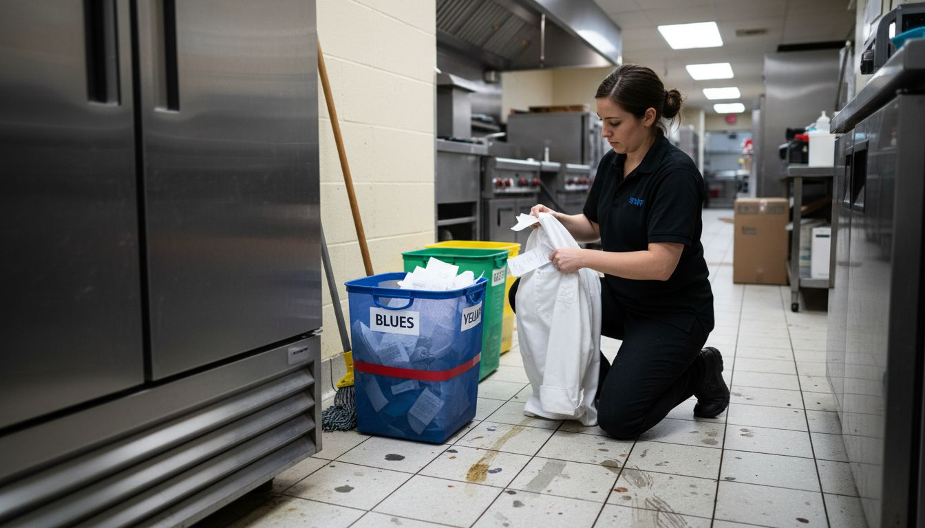Staff sorting and prepping laundry bins