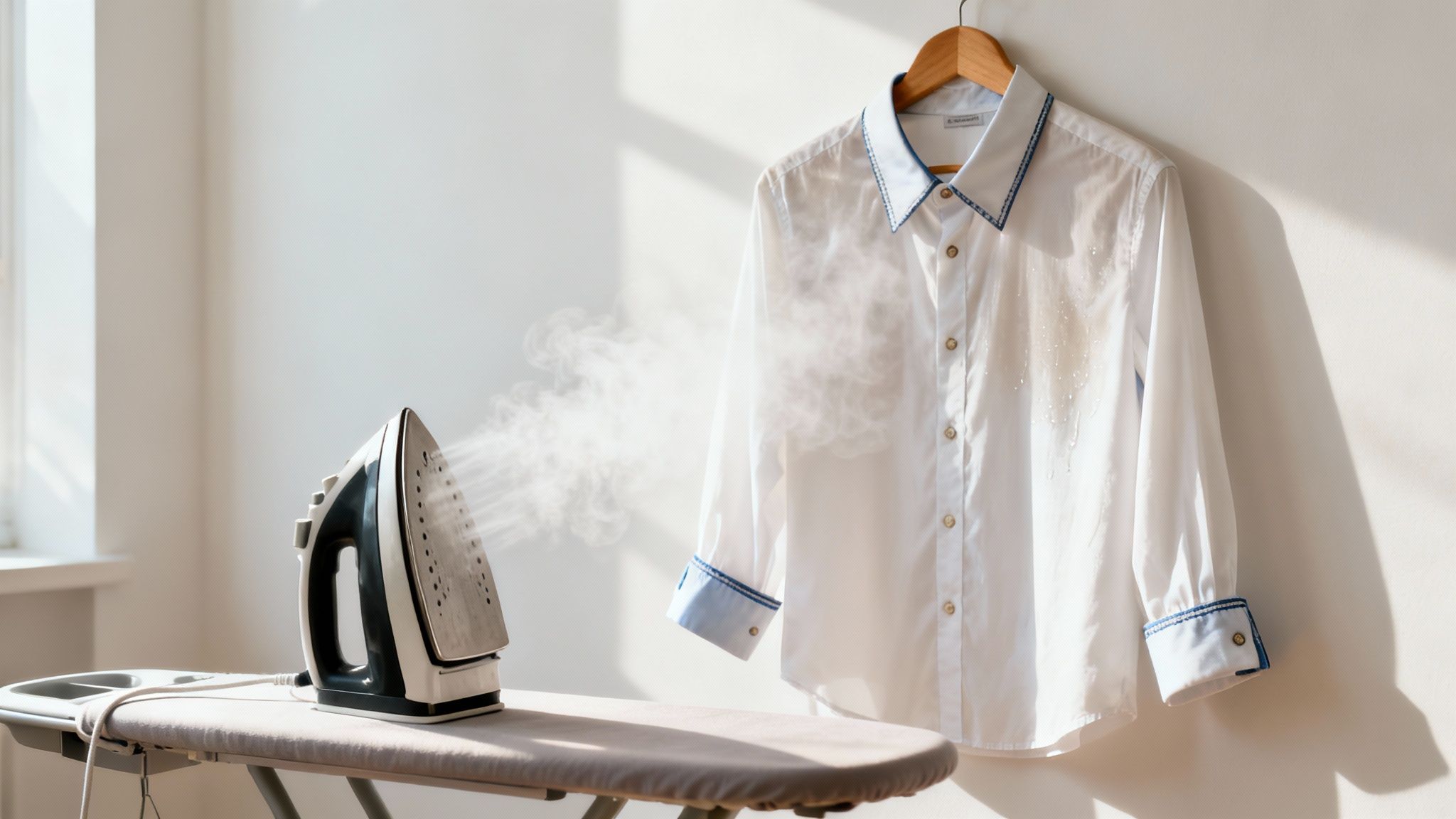 An iron on an ironing board releases steam next to a hanging white button-down shirt.