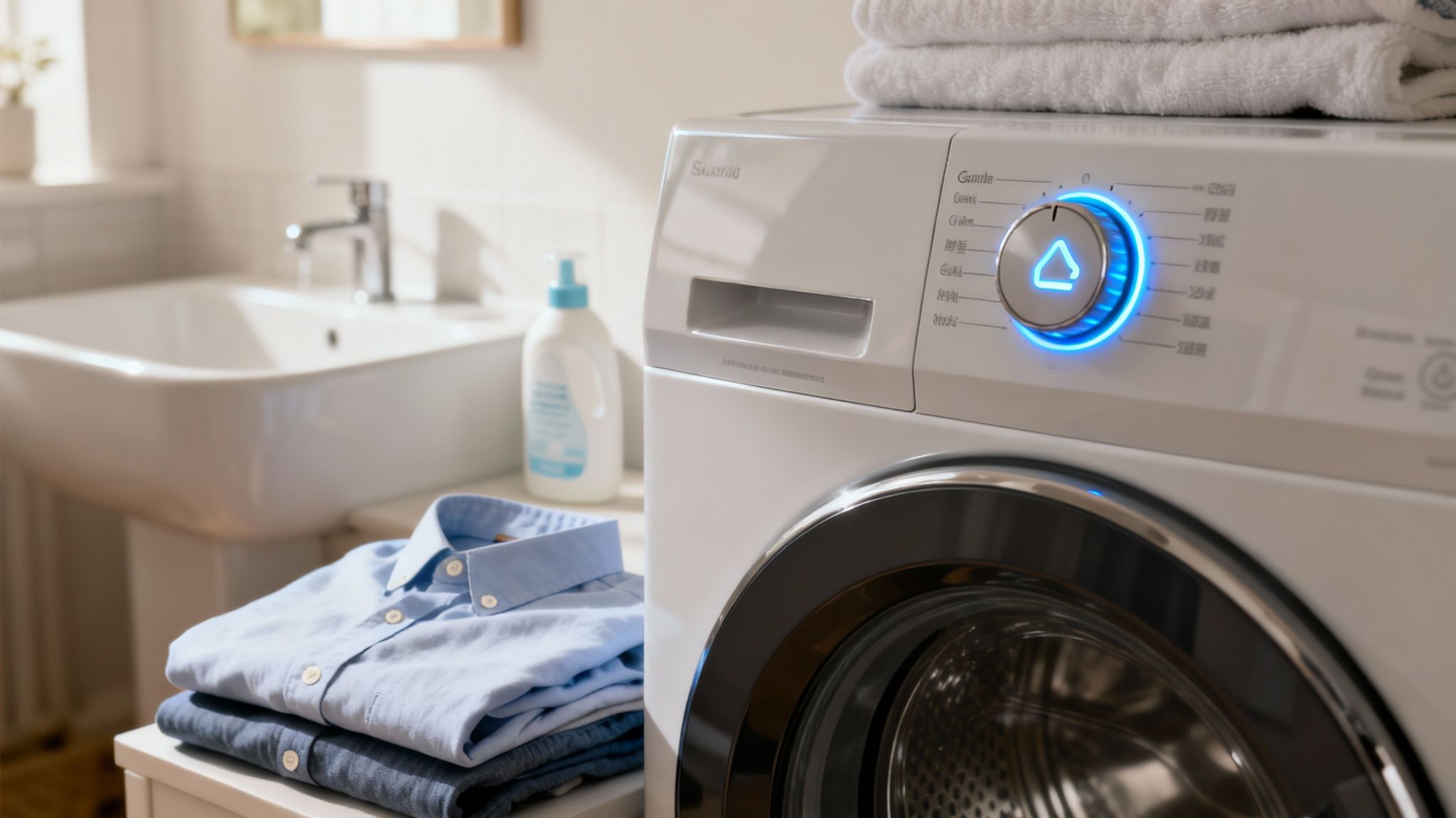 A white washing machine with a blue illuminated dial, folded shirts, and detergent in a clean bathroom.