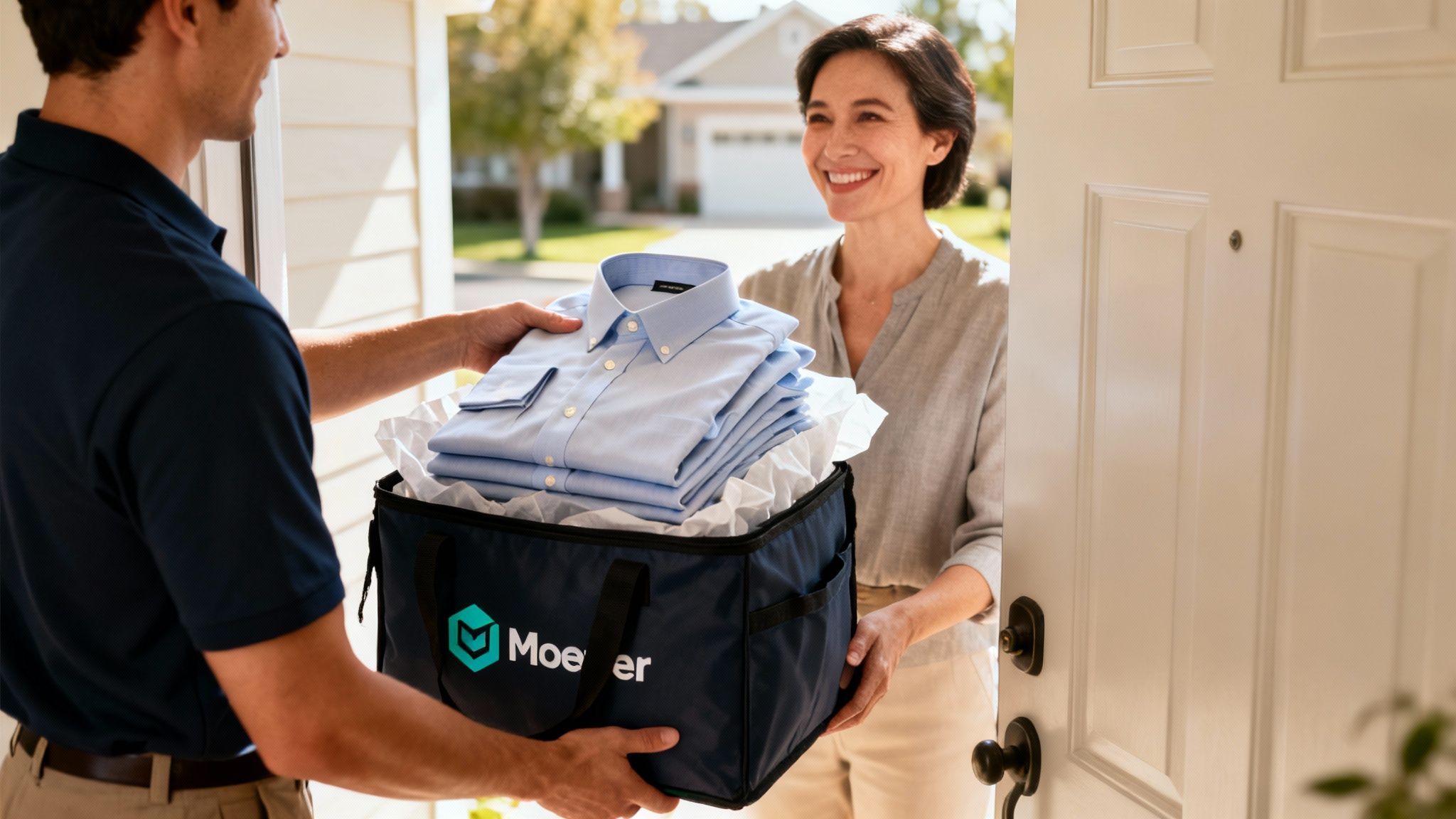 A delivery man hands a bag of freshly laundered button-down shirts to a smiling woman at her doorstep.