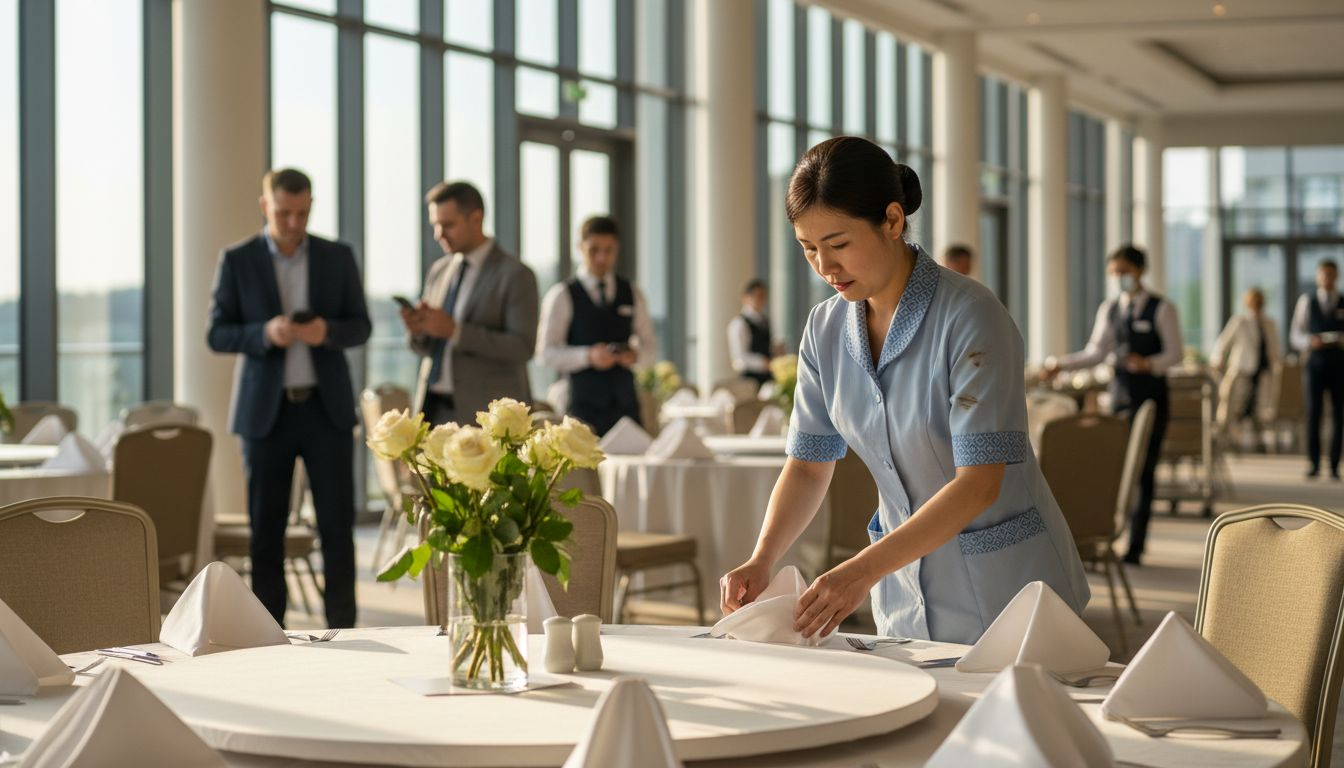Hotel staff preparing fresh event table linens