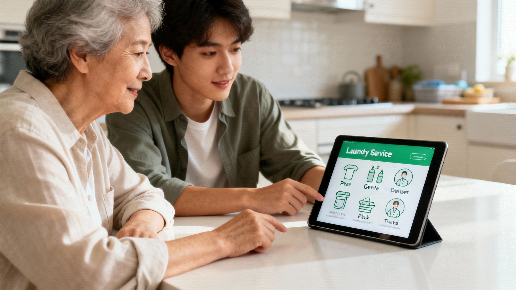 An elderly woman and a young man are pointing at a tablet showing a laundry service app.