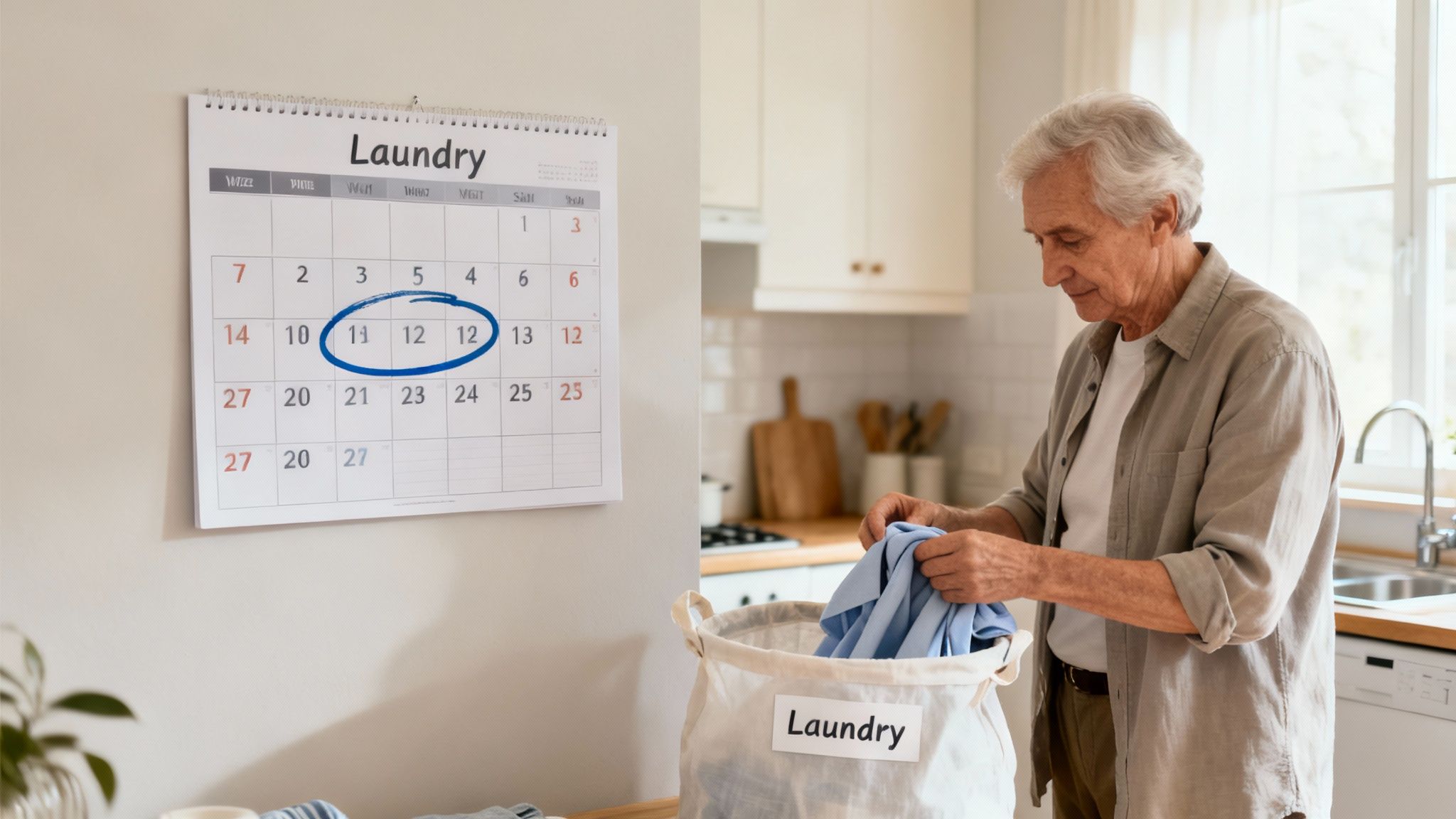 An elderly man puts clothes into a laundry basket next to a calendar indicating laundry days.