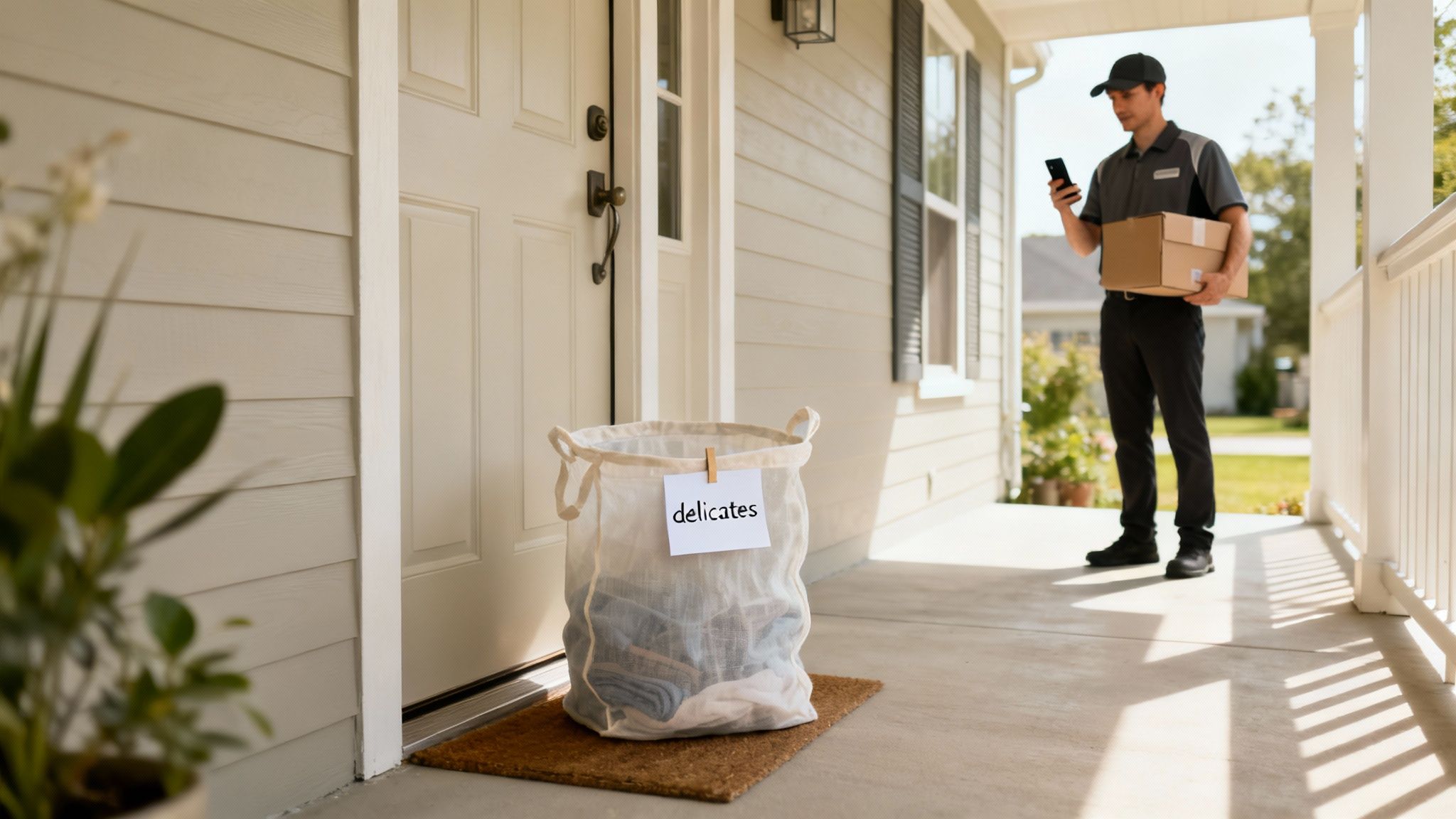 A delivery person holding a package and phone stands on a porch with a laundry bag.