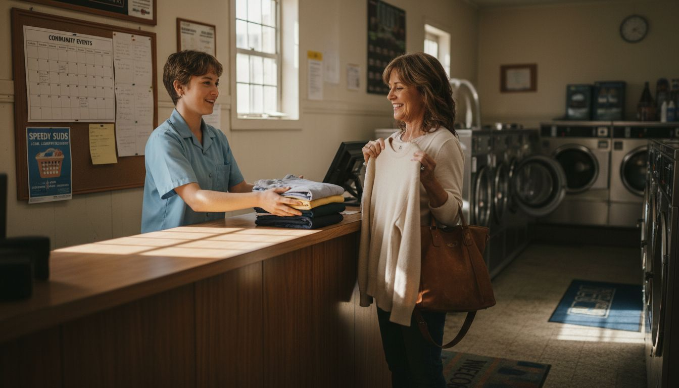 Staff handing clean laundry to customer