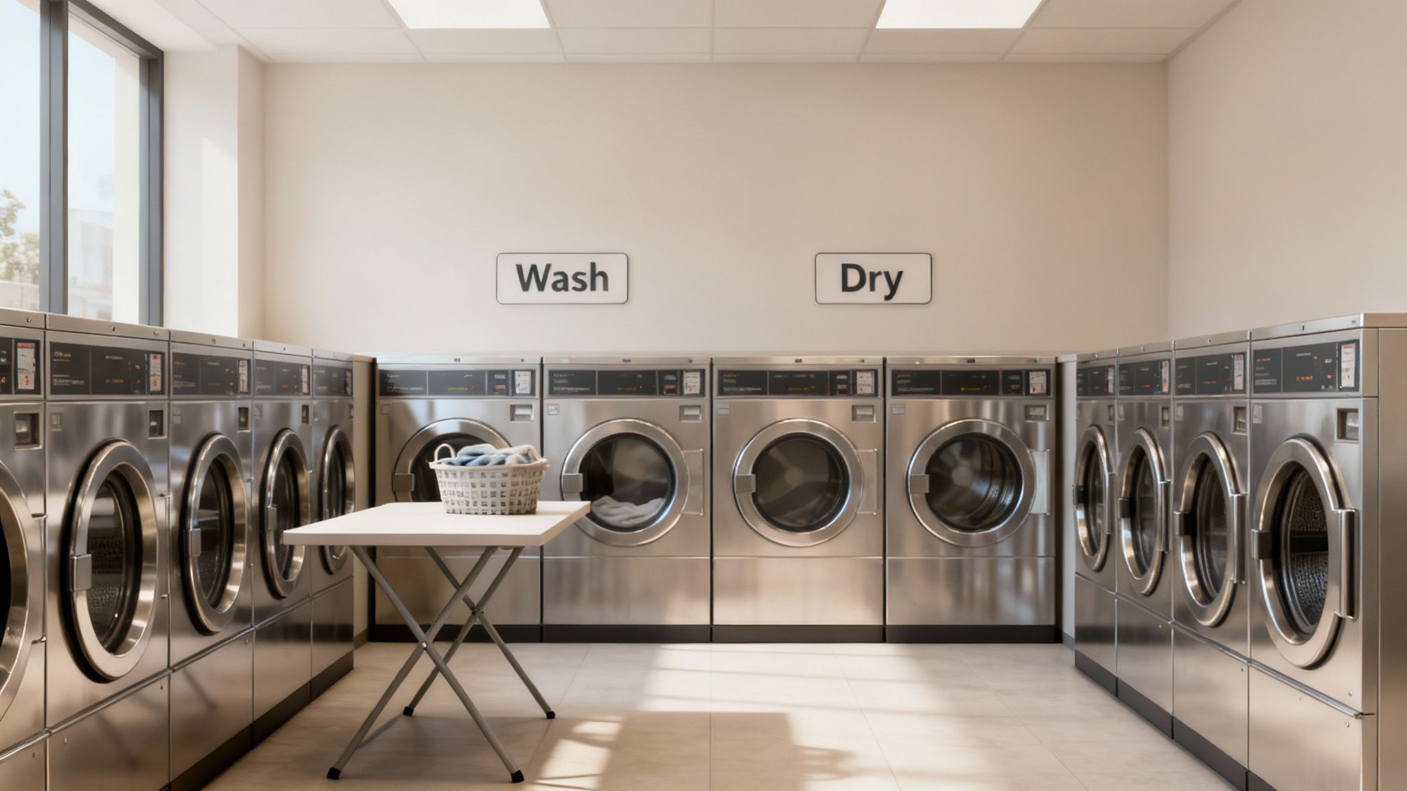 A clean, modern laundromat interior with rows of stainless steel washing machines and a white folding table.