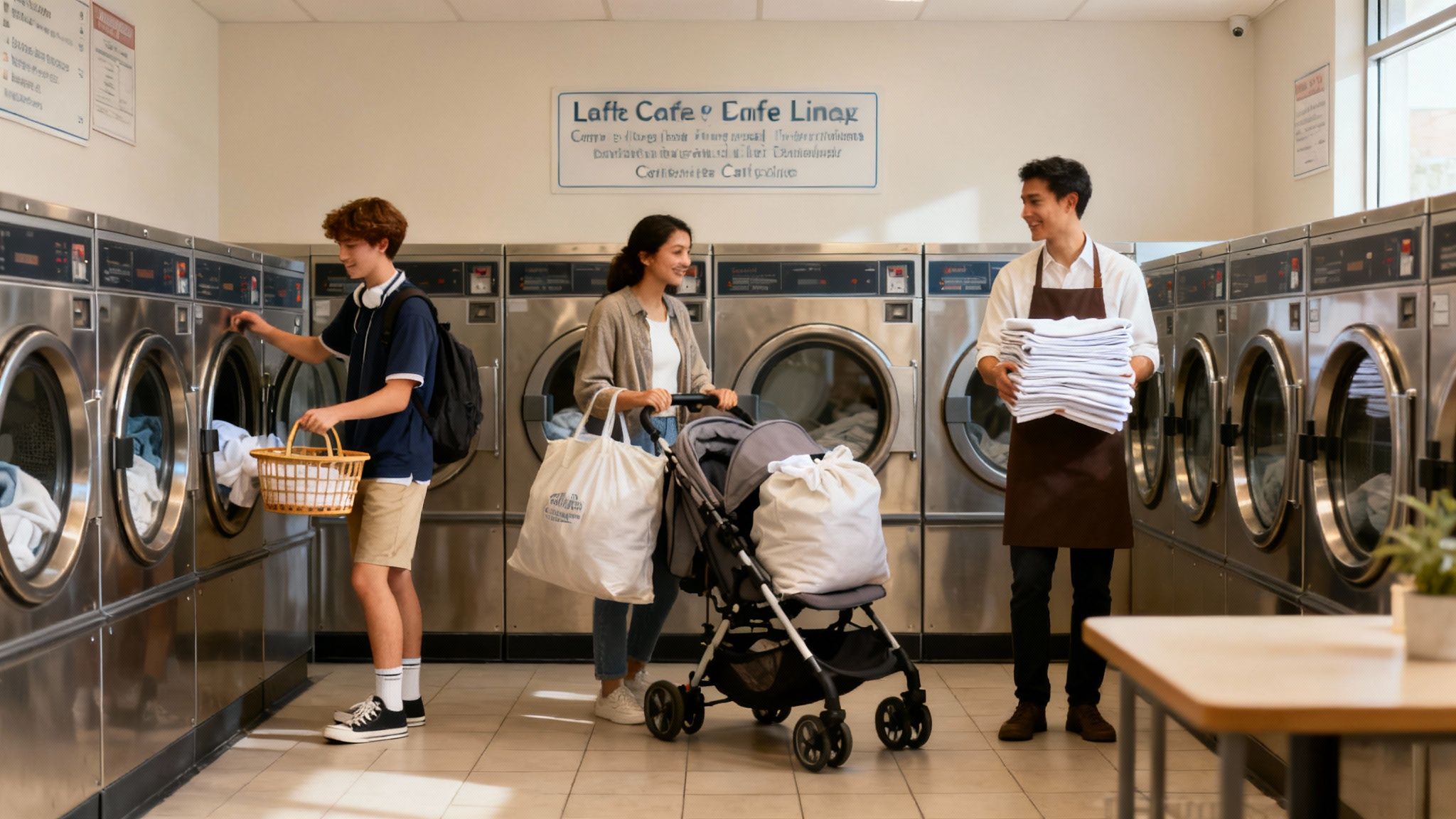 Three people are busy with laundry tasks inside a modern, well-lit laundromat.