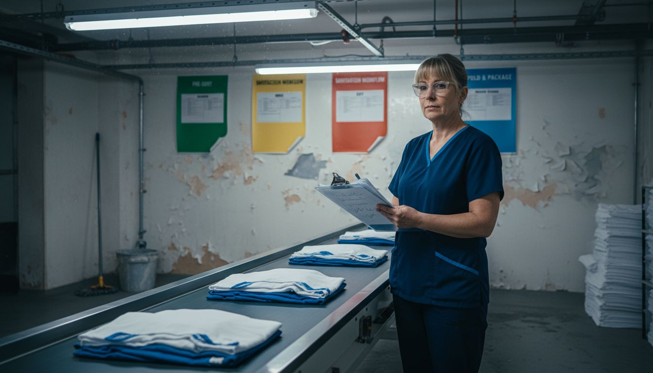 Healthcare laundry supervisor reviewing workflows
