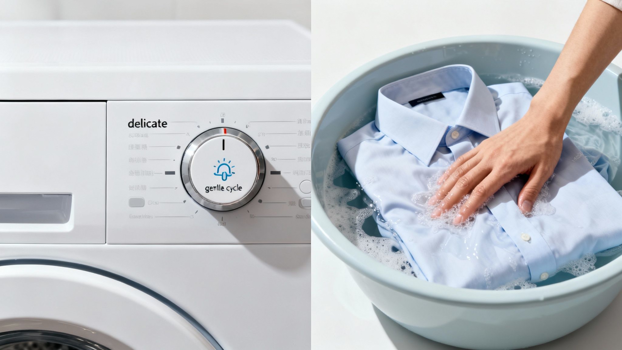 Washing machine's delicate cycle and a person hand-washing a light blue dress shirt in a basin.
