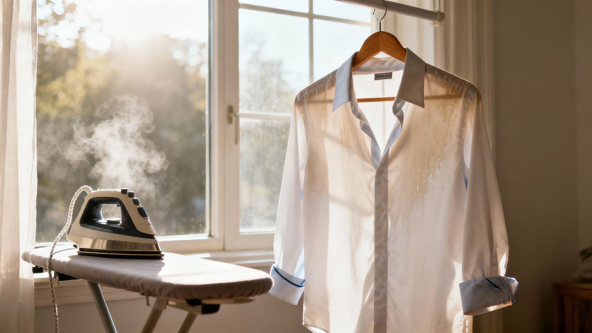 Steam iron on an ironing board next to a wet white dress shirt hanging by a bright window.