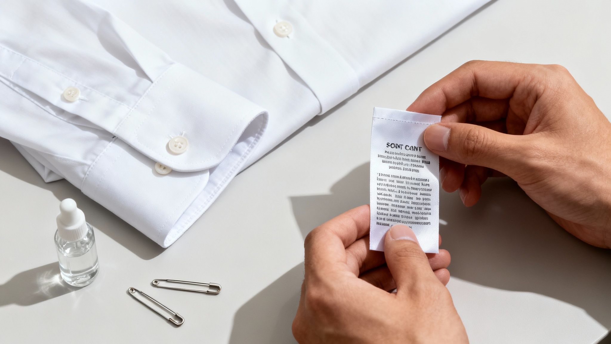 Hands reading the washing instructions label of a white dress shirt, next to safety pins and liquid.