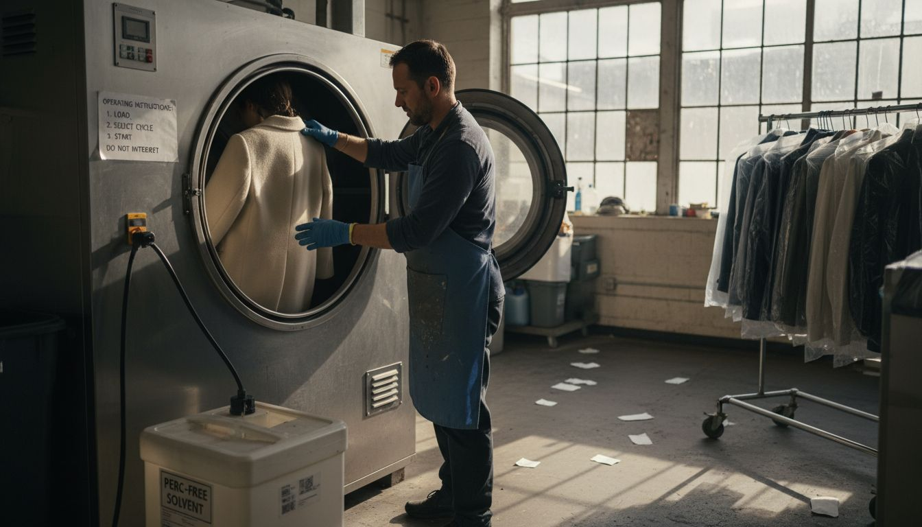 Dry cleaner loading coat into cleaning machine