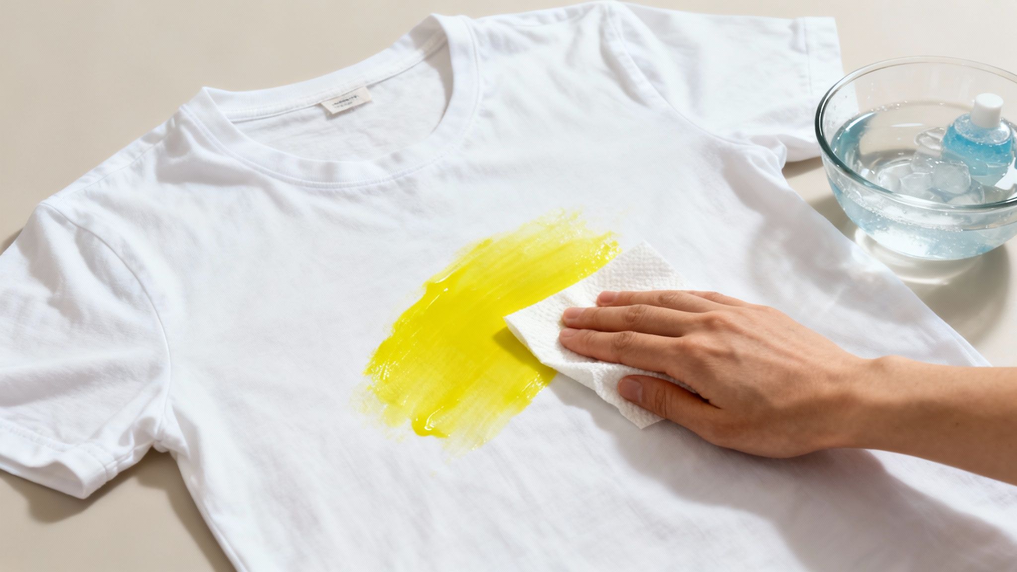 A person cleaning a bright yellow stain on a white t-shirt with a paper towel and cleaning solution.