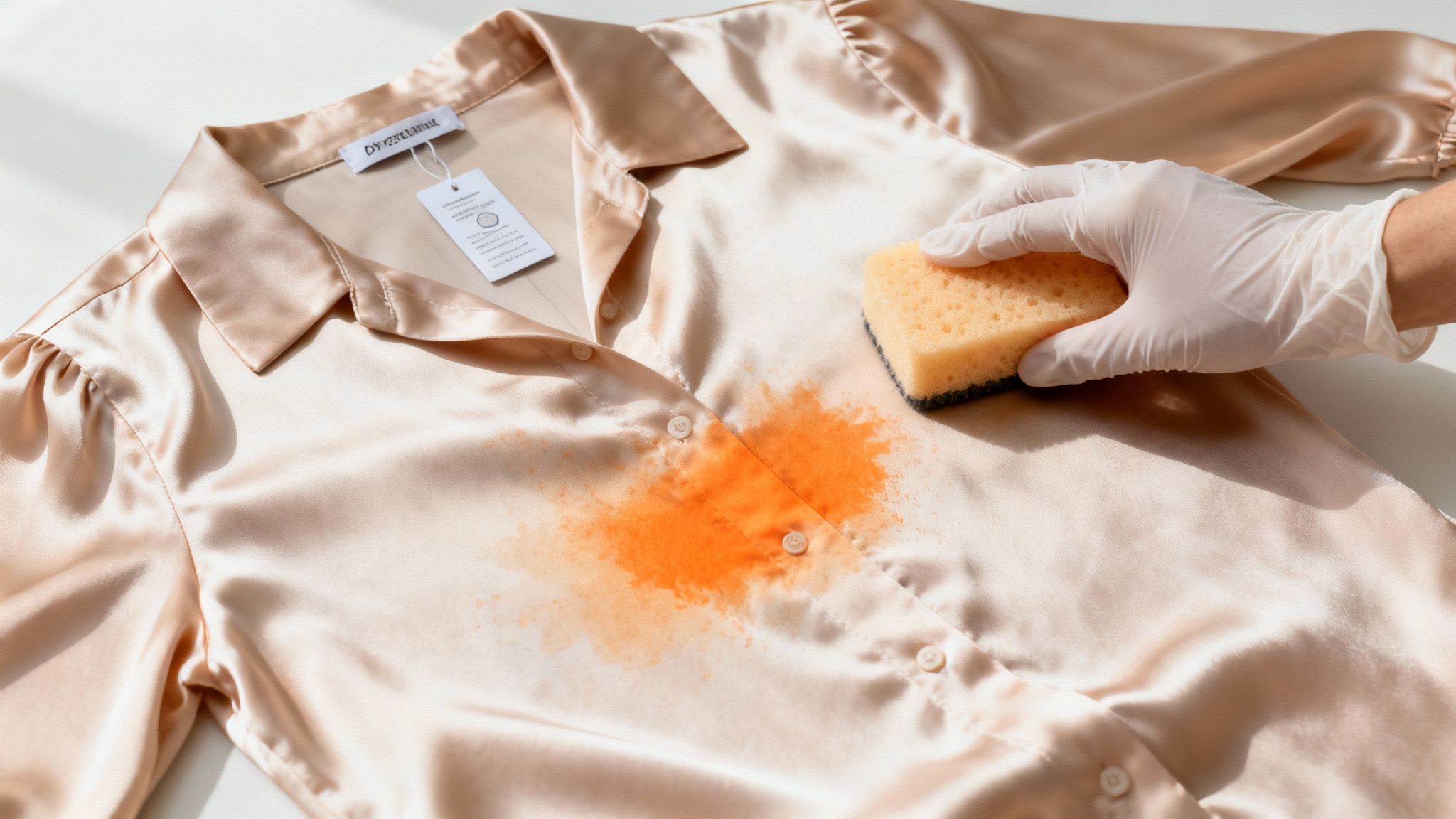 Gloved hand using a sponge to clean a bright orange stain on a beige satin shirt.