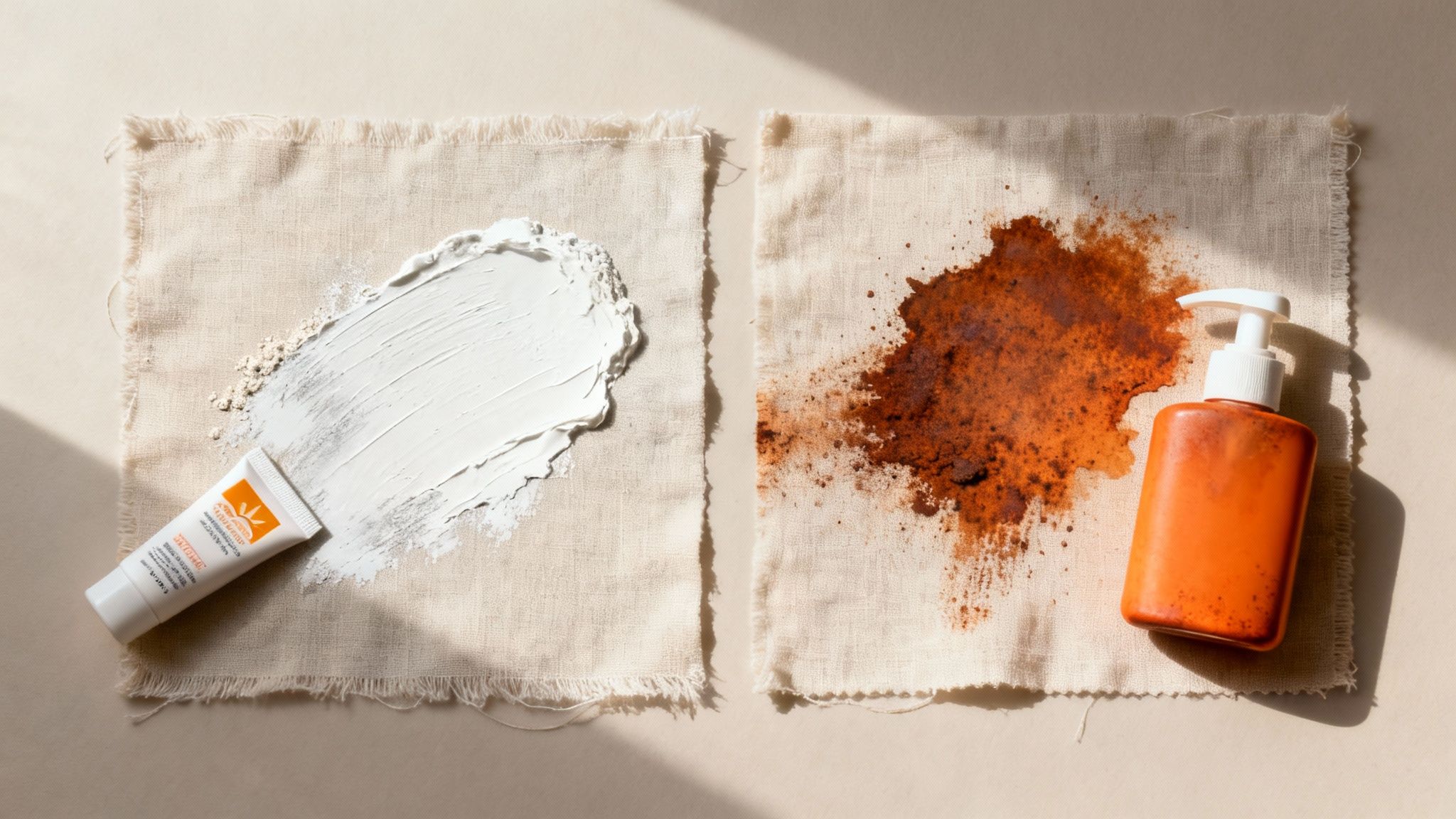 White sunscreen and orange self-tanner stains on light fabric, with product tubes and pump bottles.