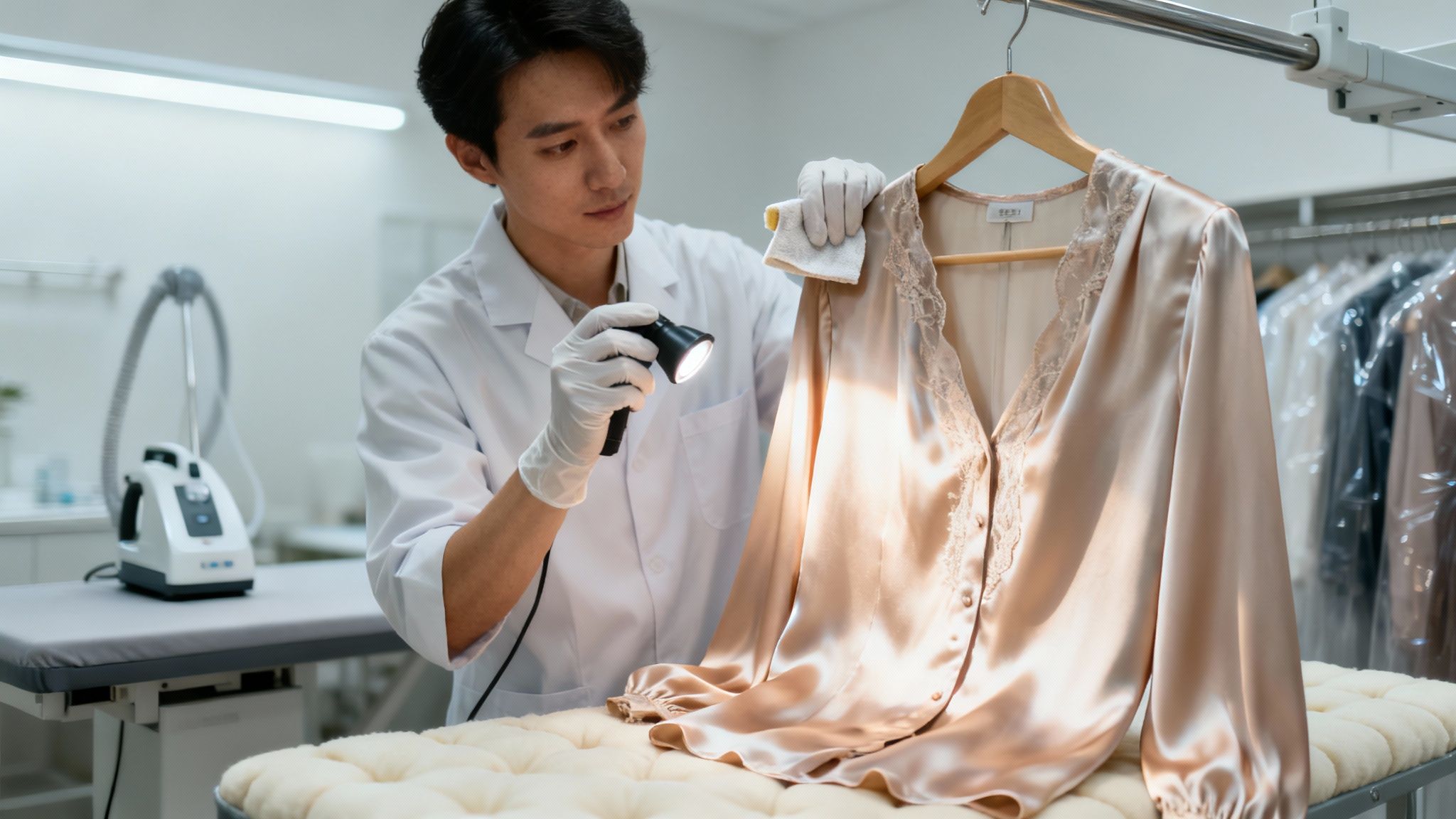 Man in lab coat inspecting a delicate silk blouse with a flashlight at a dry cleaner.