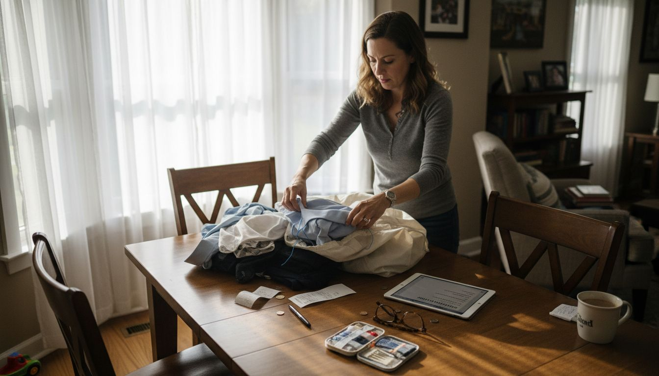 Mom prepares clothing for dry cleaning drop-off