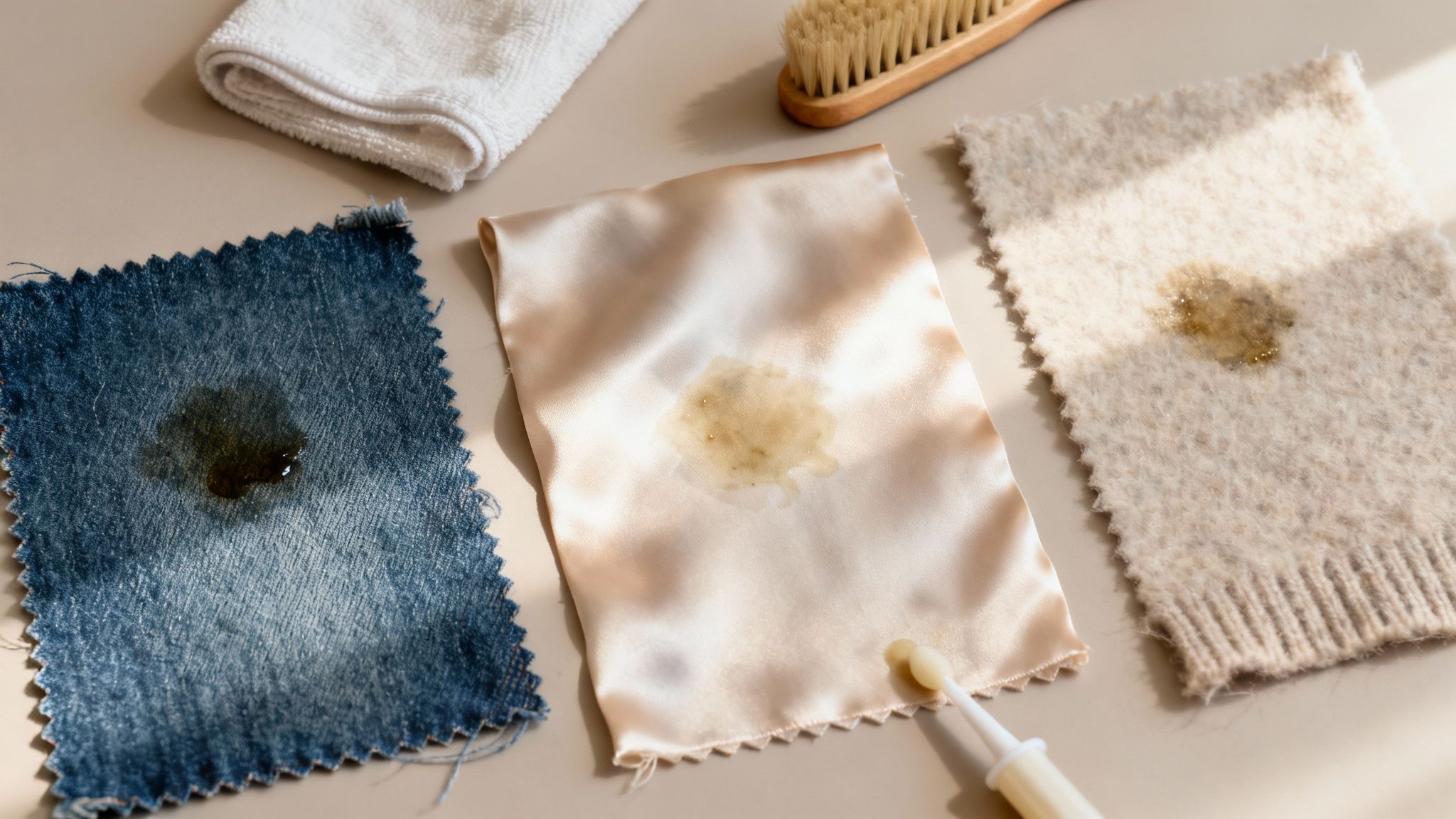 Grease stains visible on swatches of denim, satin, and wool fabrics, with cleaning tools nearby.