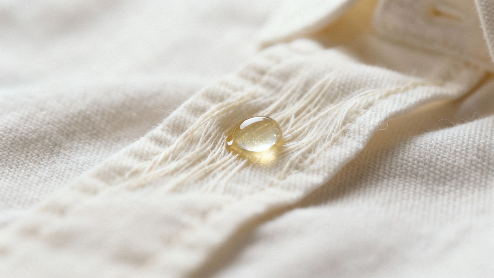 Close-up of a golden liquid droplet on light fabric, highlighting water-resistant textile properties.