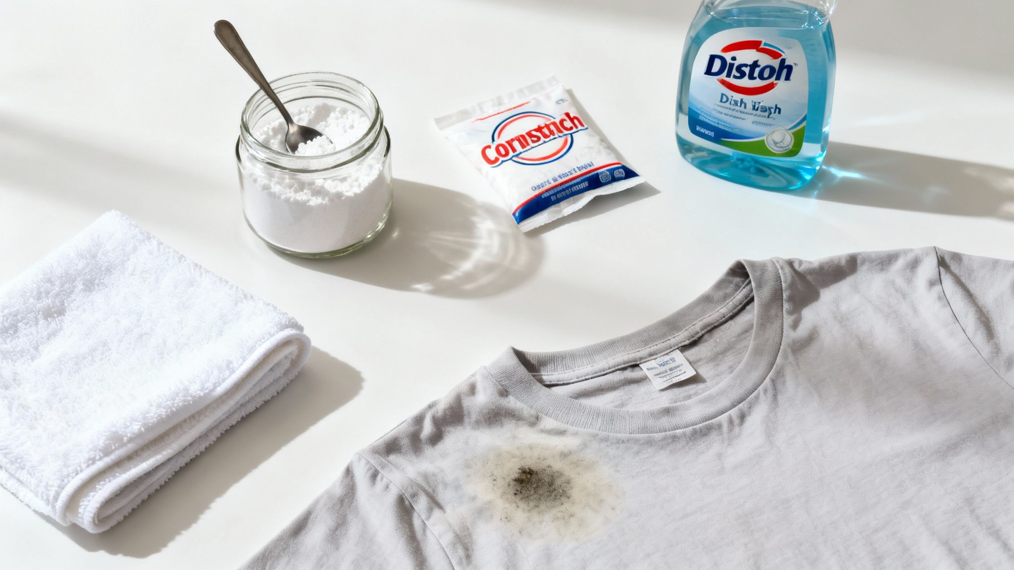 Items for removing a grease stain from a grey t-shirt, including cornstarch, dish soap, and a towel.