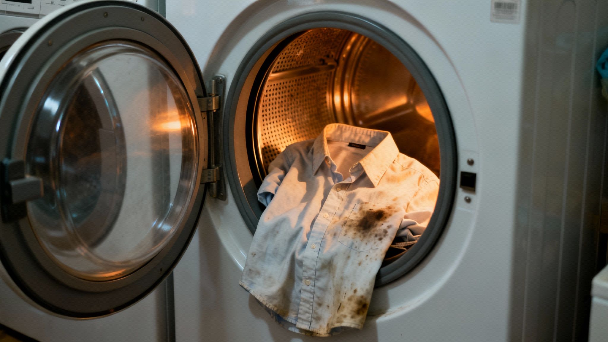A white shirt with prominent brown grease stains is placed inside a washing machine drum.