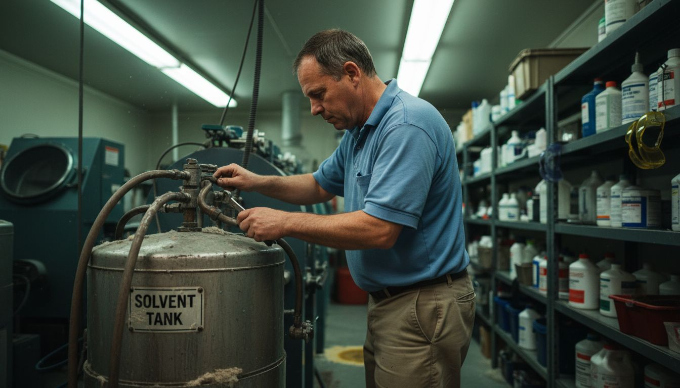 Technician inspecting dry cleaning machine solvent tank