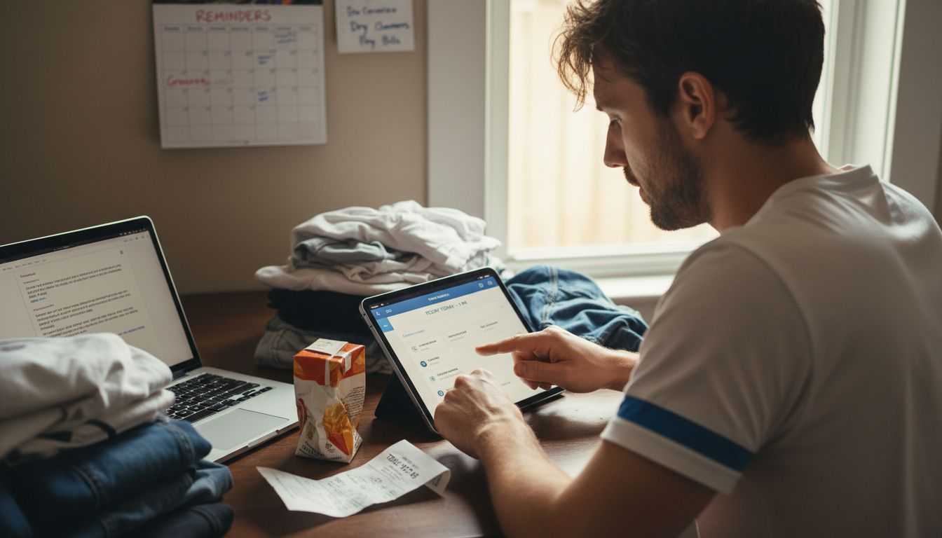 Man using laundry app at kitchen table