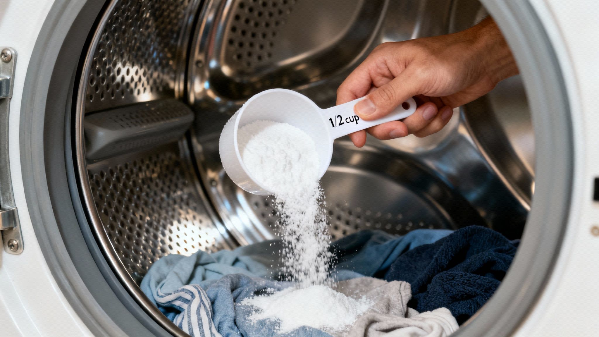 A hand pours white powder from a 1/2 cup measuring scoop into a washing machine with clothes.